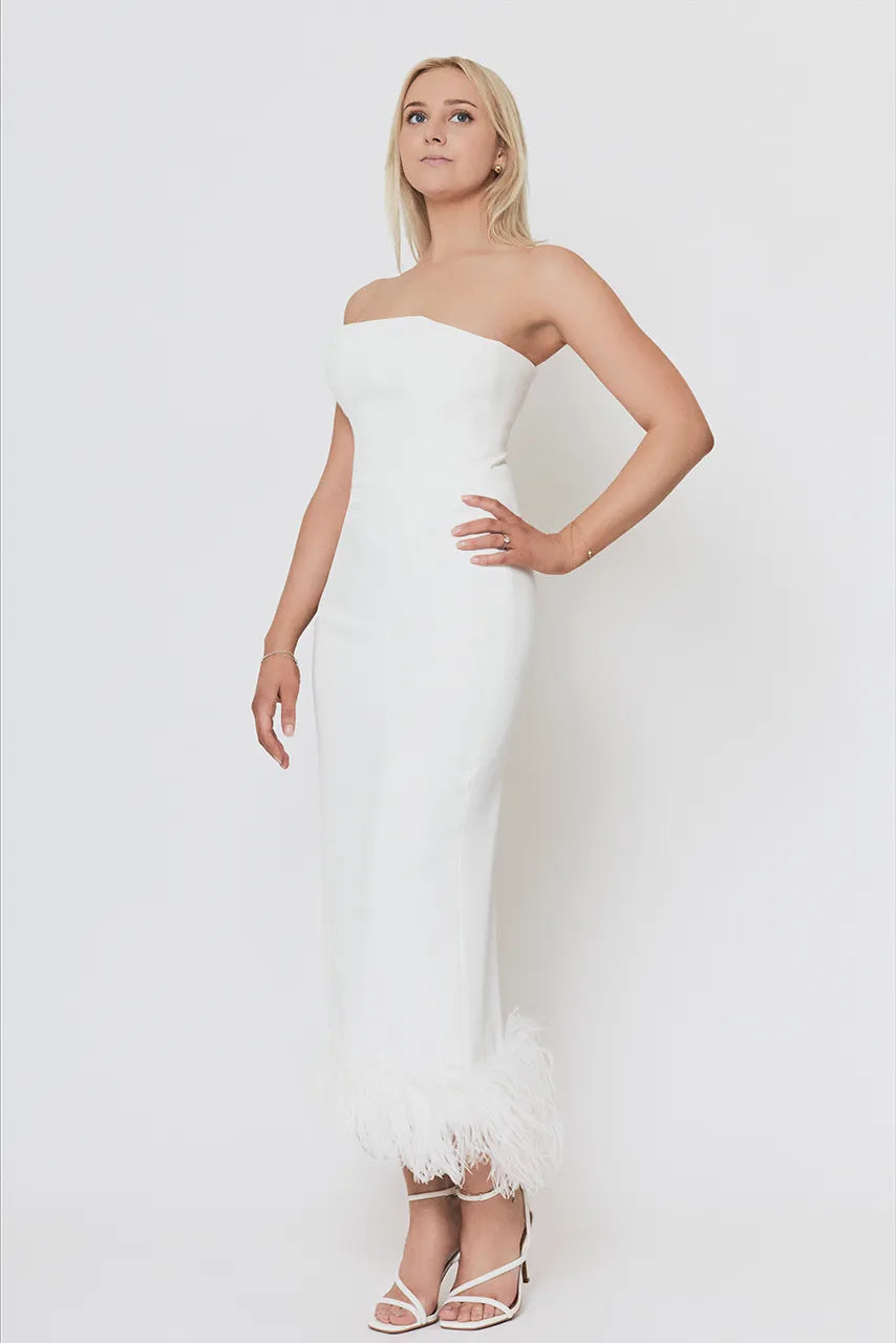 16Arlington White Midi Feather Trim Dress Engagement Hen Wedding Bride