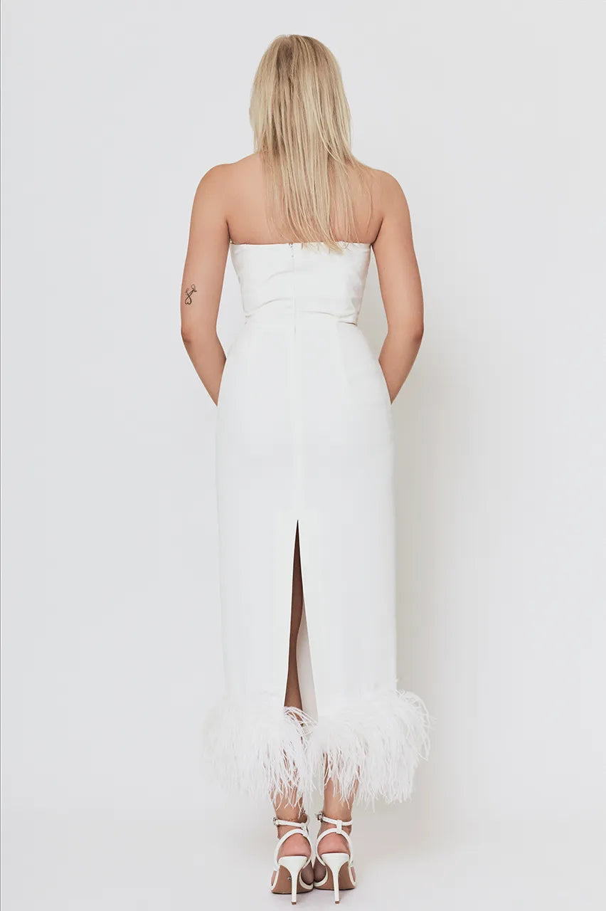 16Arlington White Midi Feather Trim Dress Engagement Hen Wedding Bride