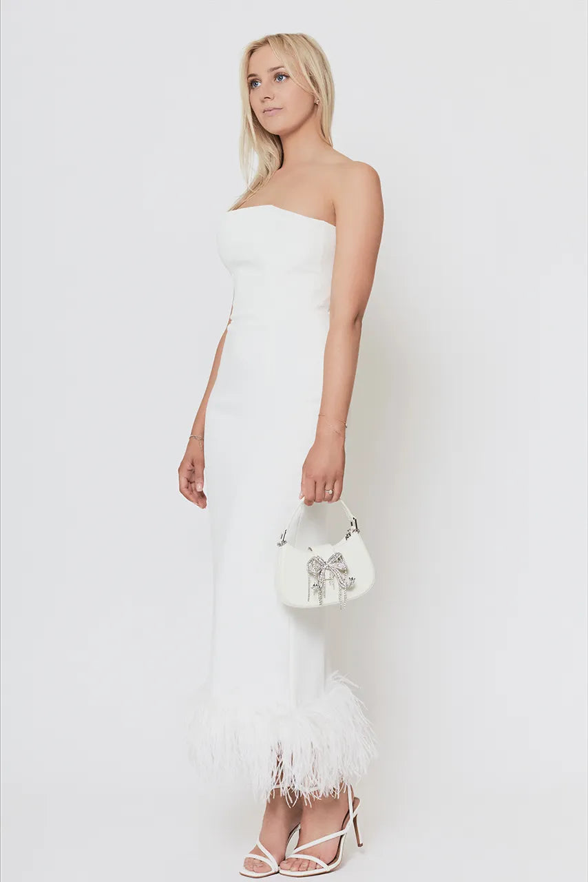 16Arlington White Midi Feather Trim Dress Engagement Hen Wedding Bride