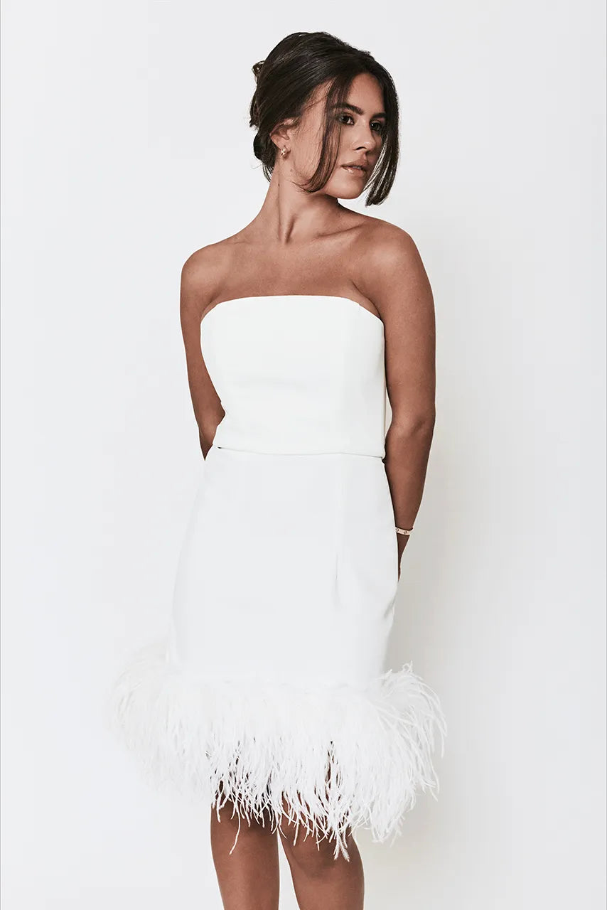 16Arlington White Mini Feather Trim Dress Engagement Hen Wedding Bride