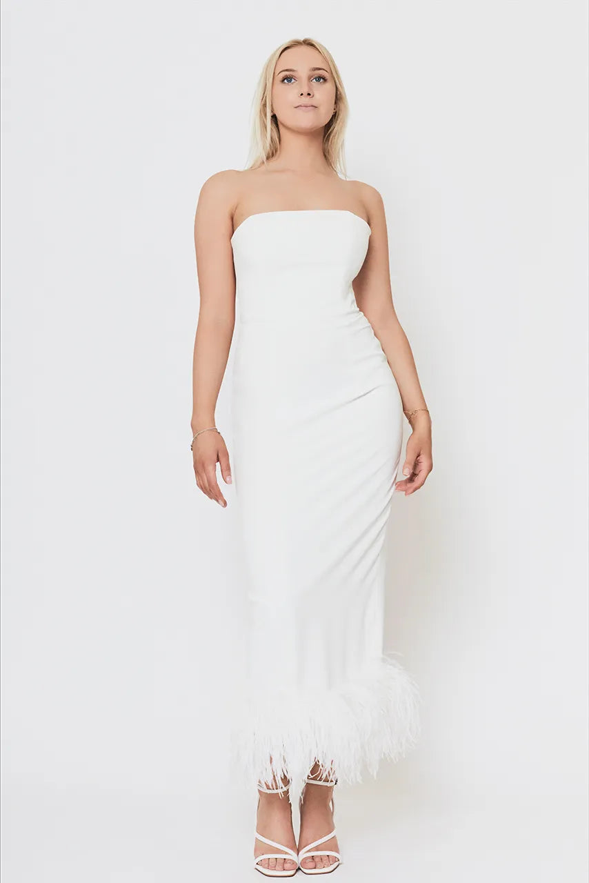 16Arlington White Midi Feather Trim Dress Engagement Hen Wedding Bride