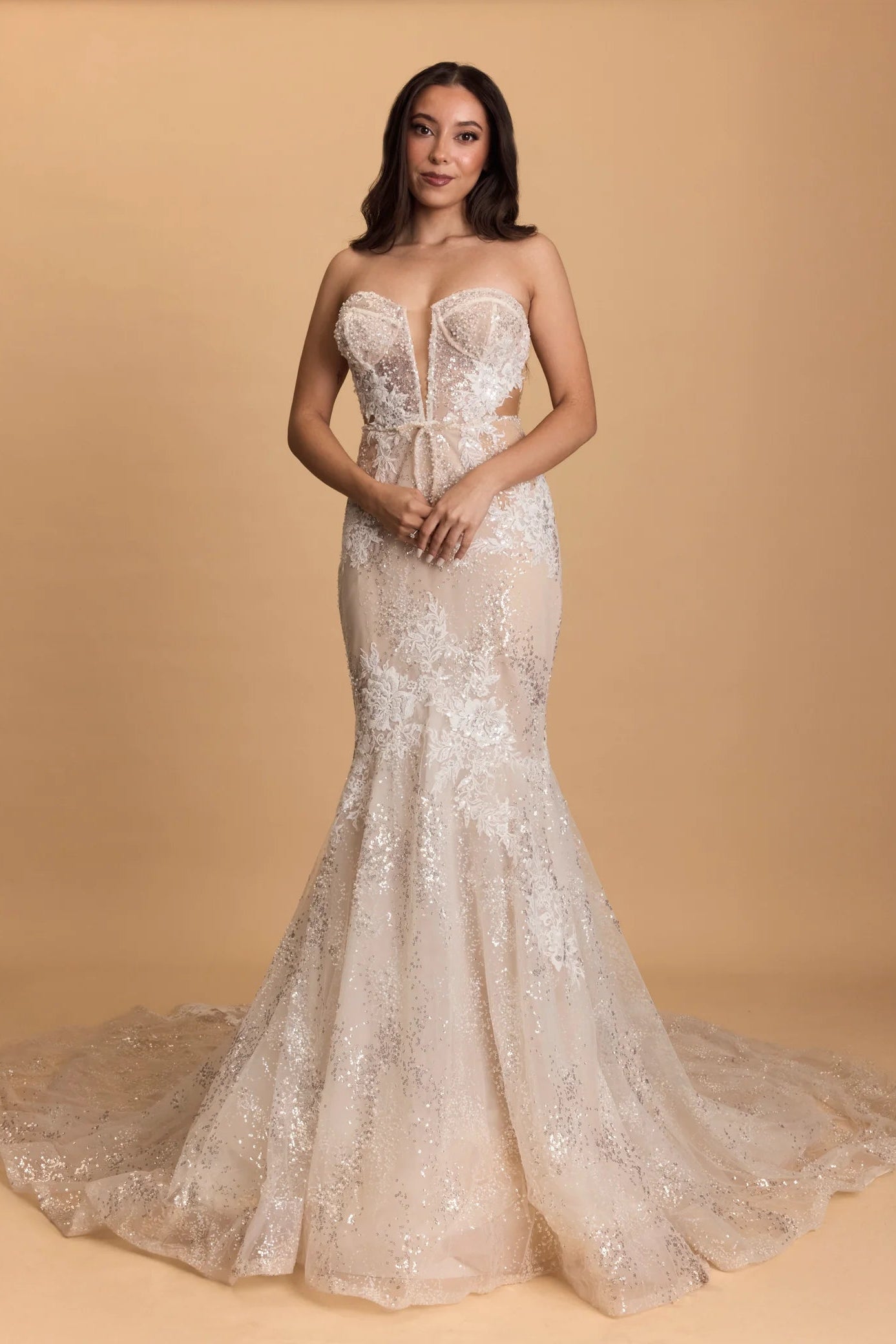 Berta Privee - 22 103 lace, sequin glitter wedding gown, corset, puff tulle sleeves, bridal