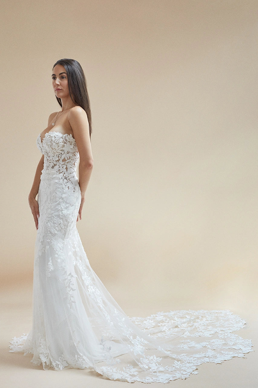 Enzoani Blue Nesta Lace White Bardot Low Back Wedding Gown Bridal