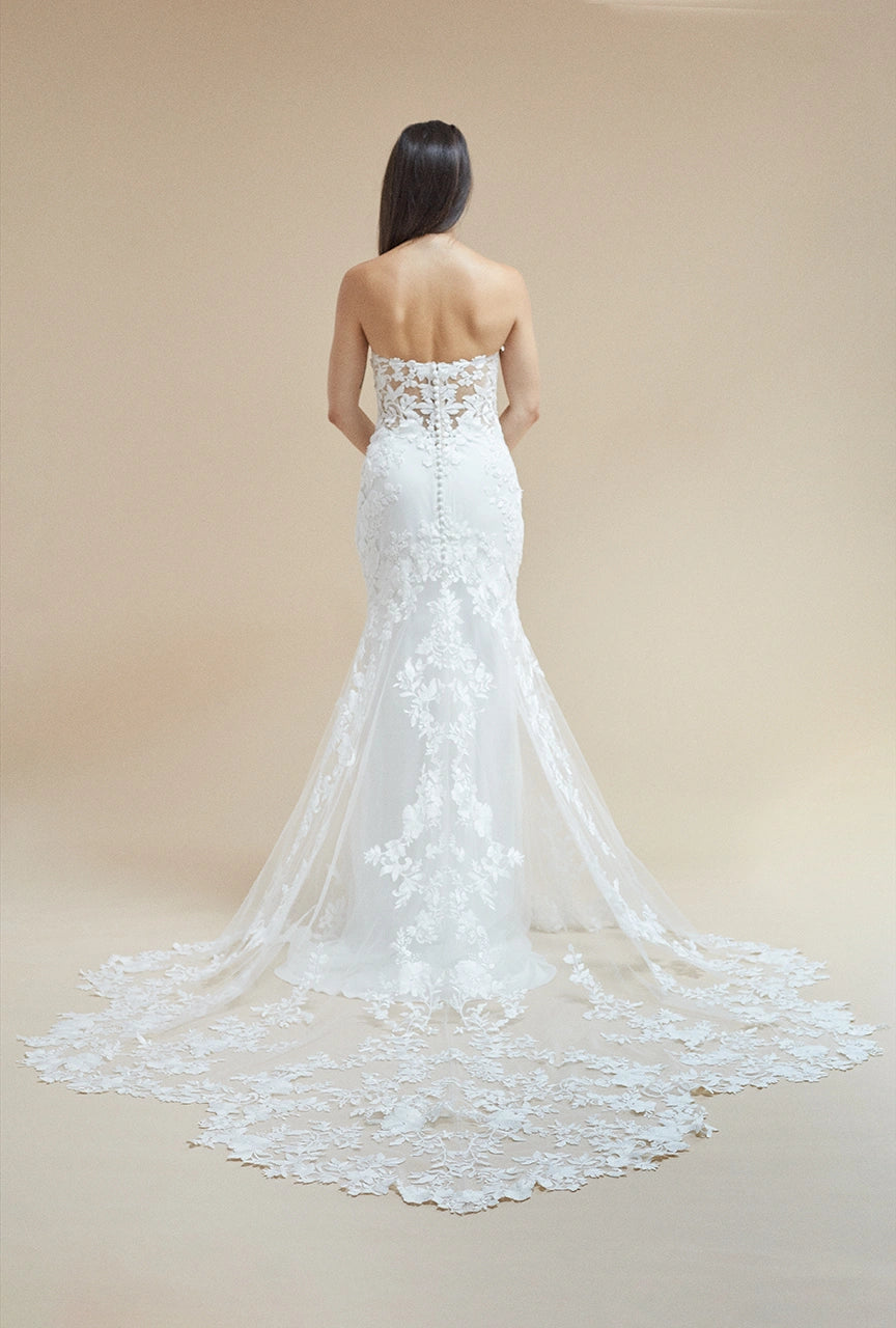 Enzoani Blue Nesta Lace White Bardot Low Back Wedding Gown Bridal