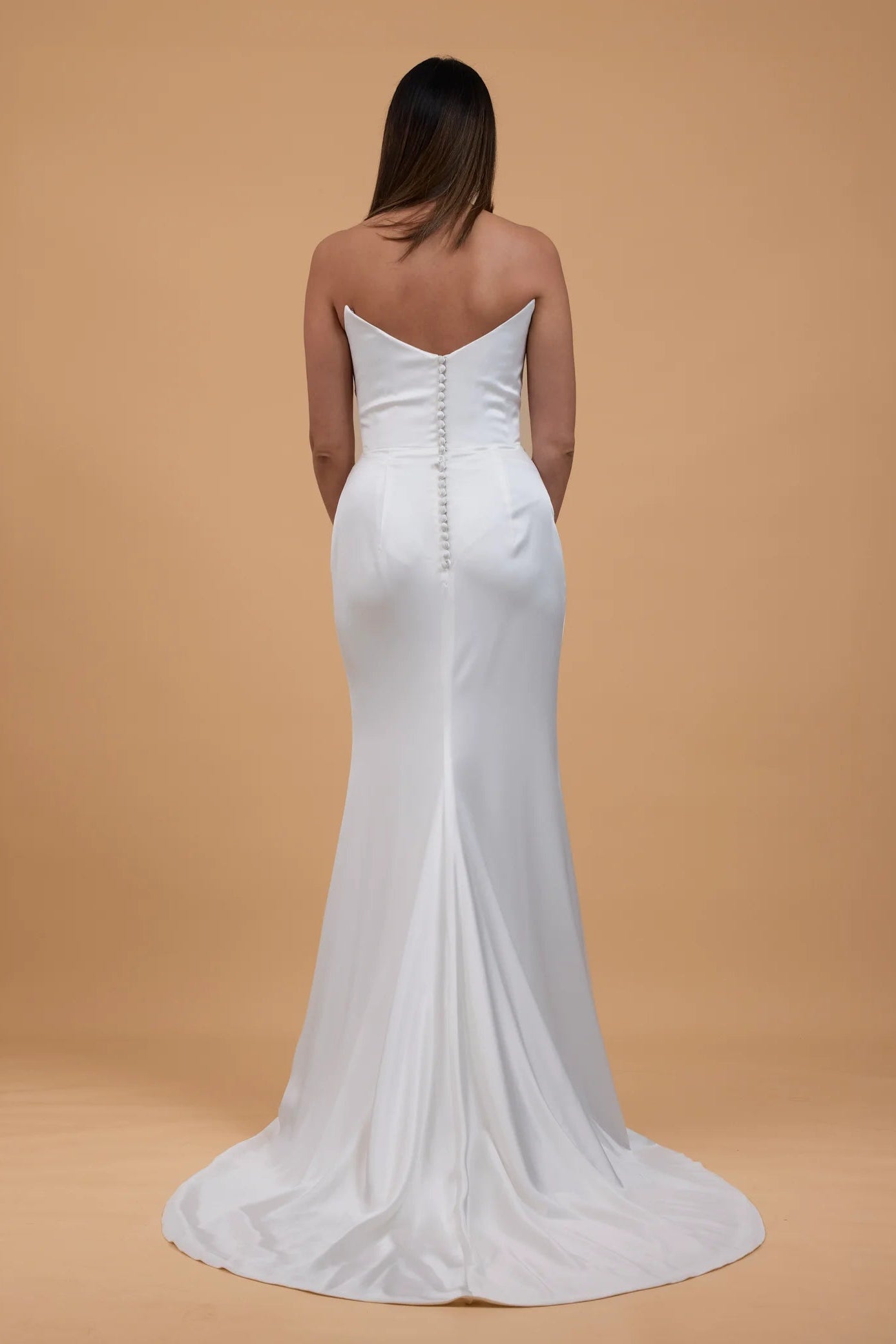 Corston Couture mystical ivory scooped neckline, satin wedding gown, structured corset, detachable sleeves, pre-loved wedding gown, second-hand wedding gown, sample sale wedding gown