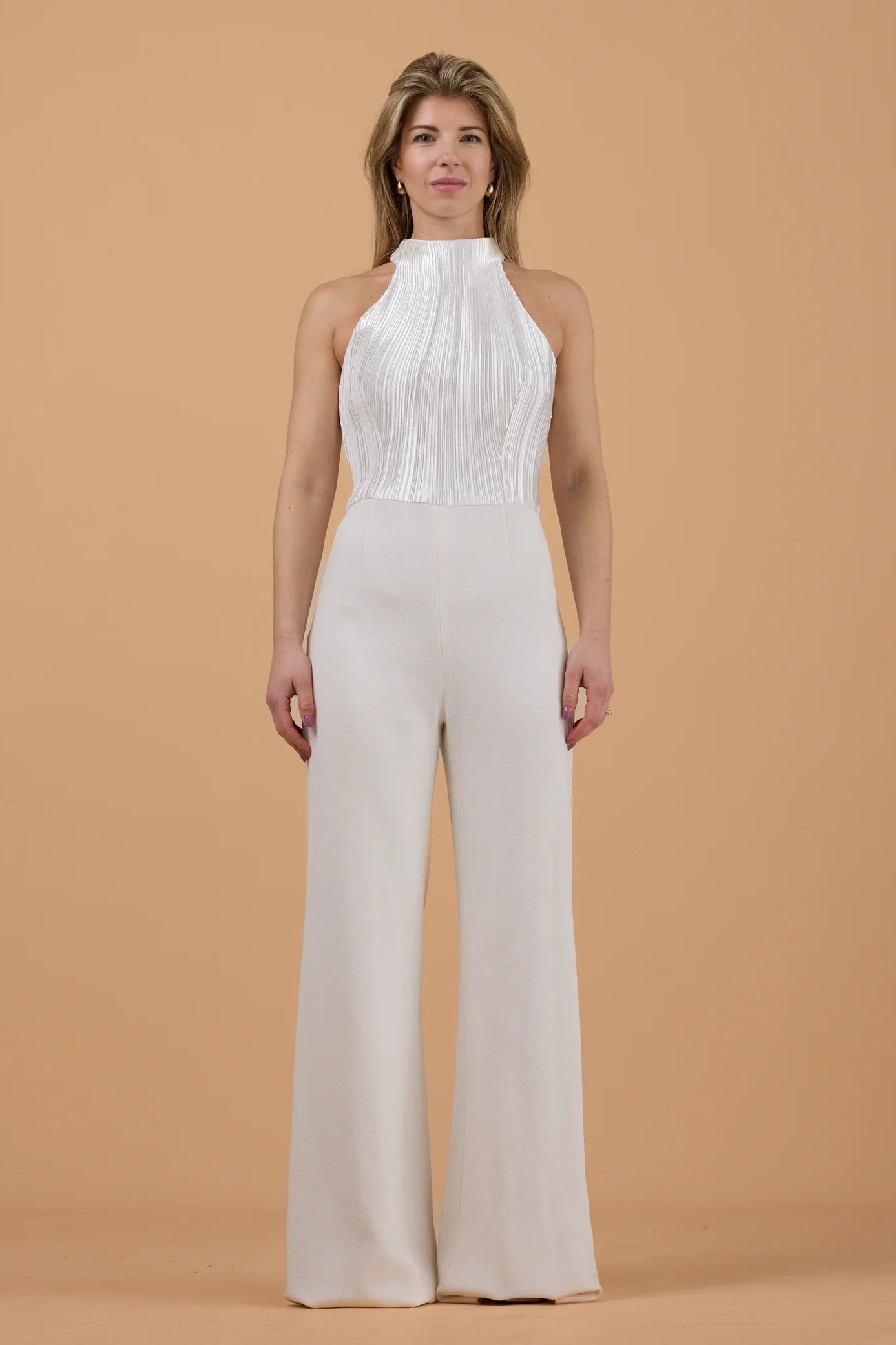 Galvan Panrea ivory halter neck jumpsuit made from crepe and plissé-lame fabric, pre-loved bridal, second-hand bridal, sample sale bridal