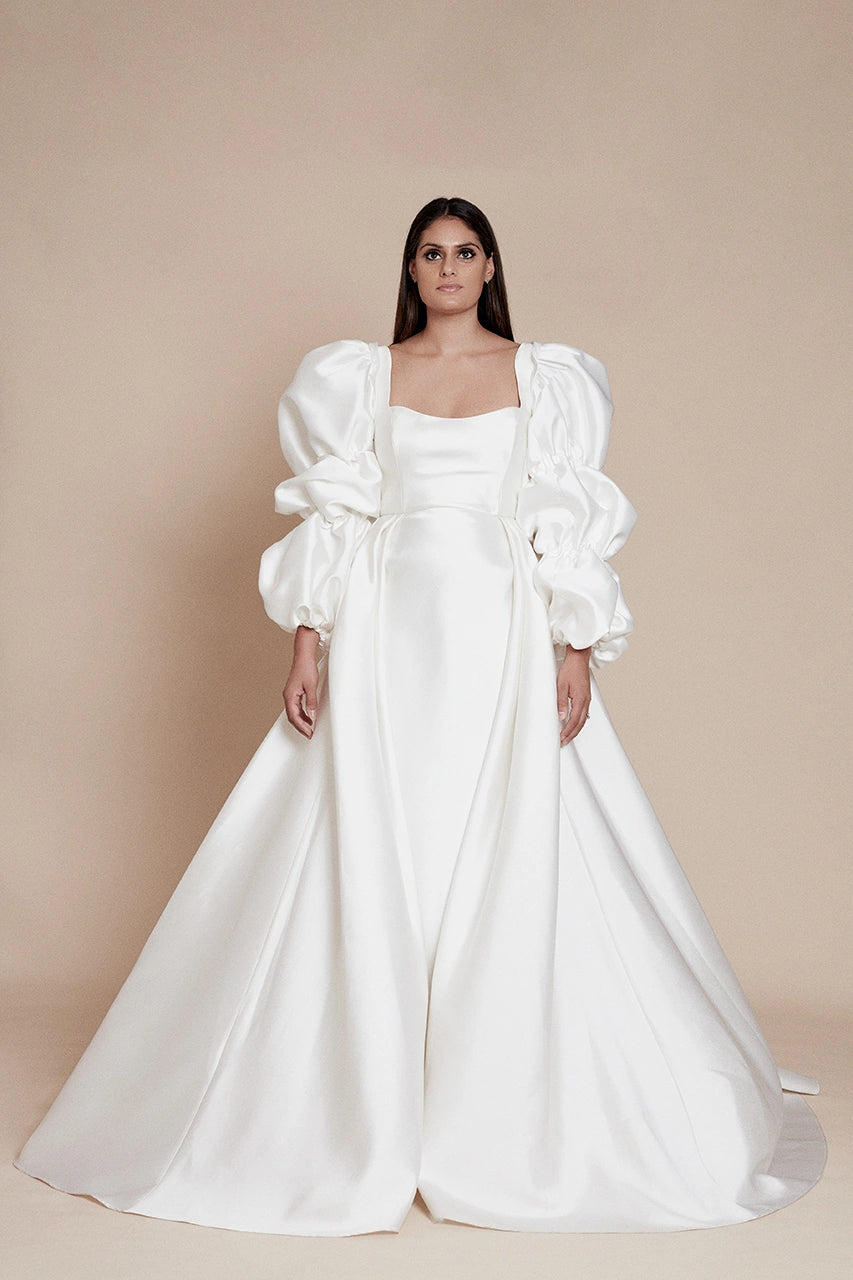 Halfpenny dahlia wedding gown with halfpenny eve puff sleeves bridal