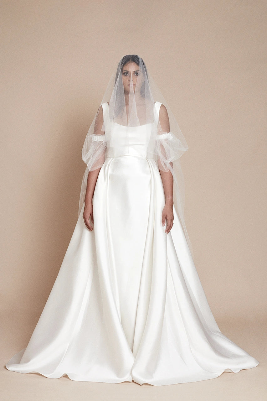 Halfpenny dahlia wedding gown with halfpenny periwinkle veil with arm cuffs