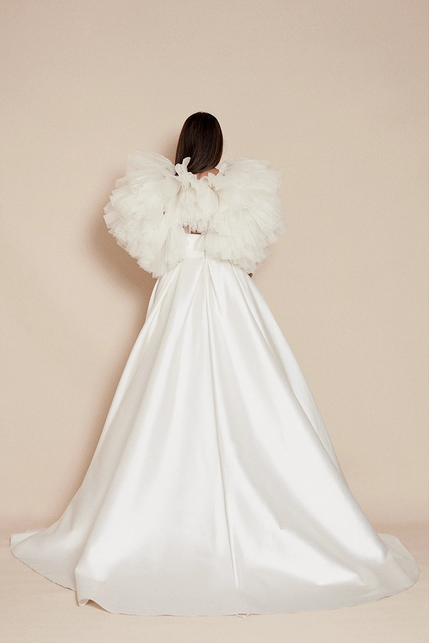 Halfpenny dahlia wedding gown with halfpenny virgo shrug jacket bridal