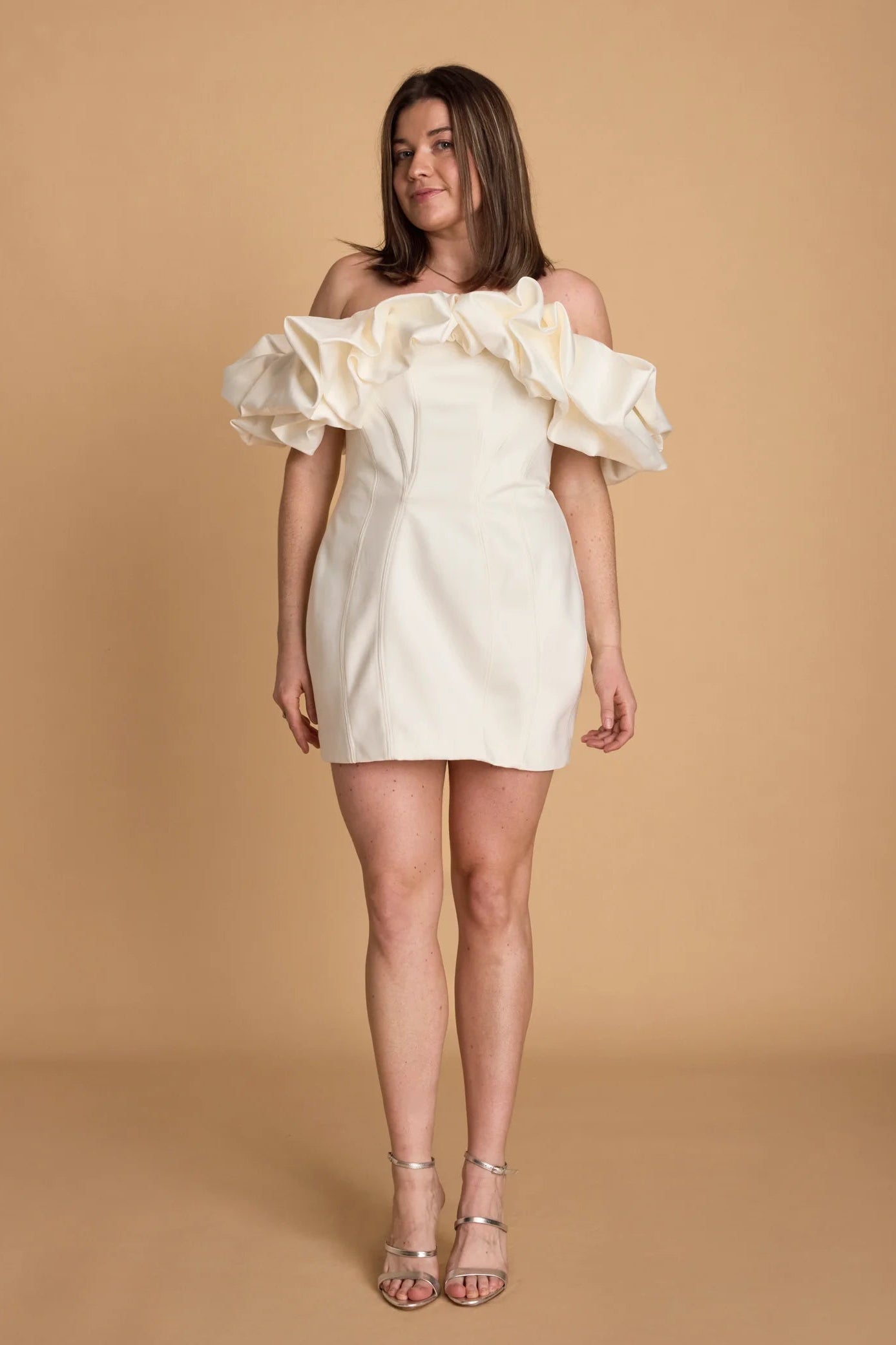 House of CB Selena mini strapless ruffled neckline ivory dress
