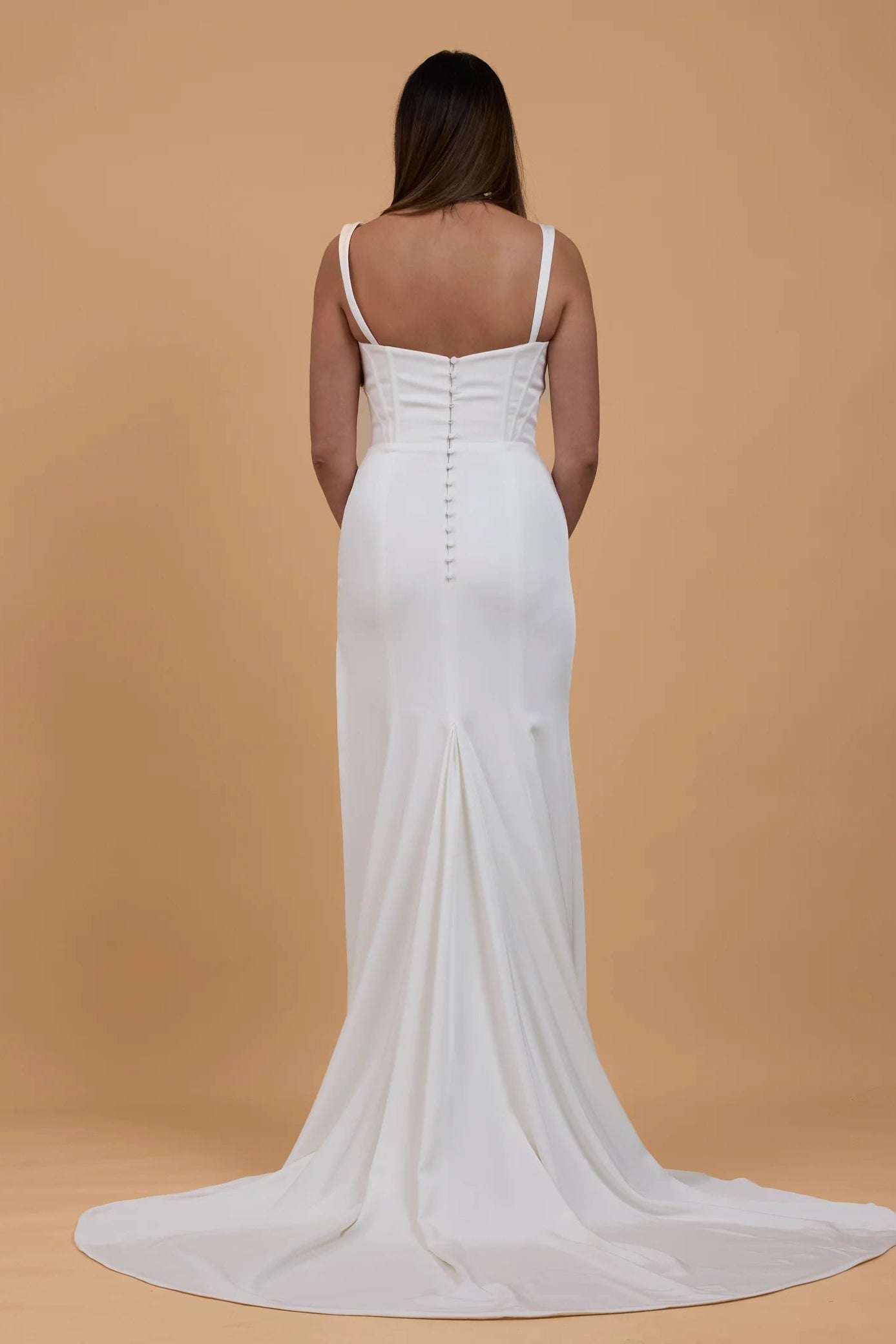 Jane Hill Bel Air Crepe white boned bodice with leg split wedding gown, pre-loved wedding gown, sample sale wedding gown, second-hand wedding gown