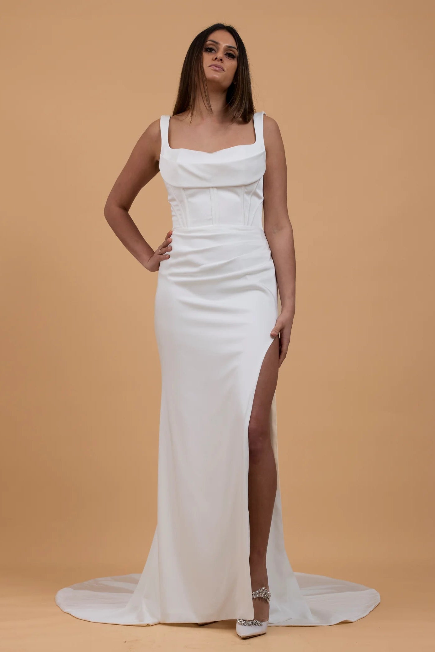 Jane Hill Bel Air Crepe white boned bodice with leg split wedding gown, pre-loved wedding gown, sample sale wedding gown, second-hand wedding gown