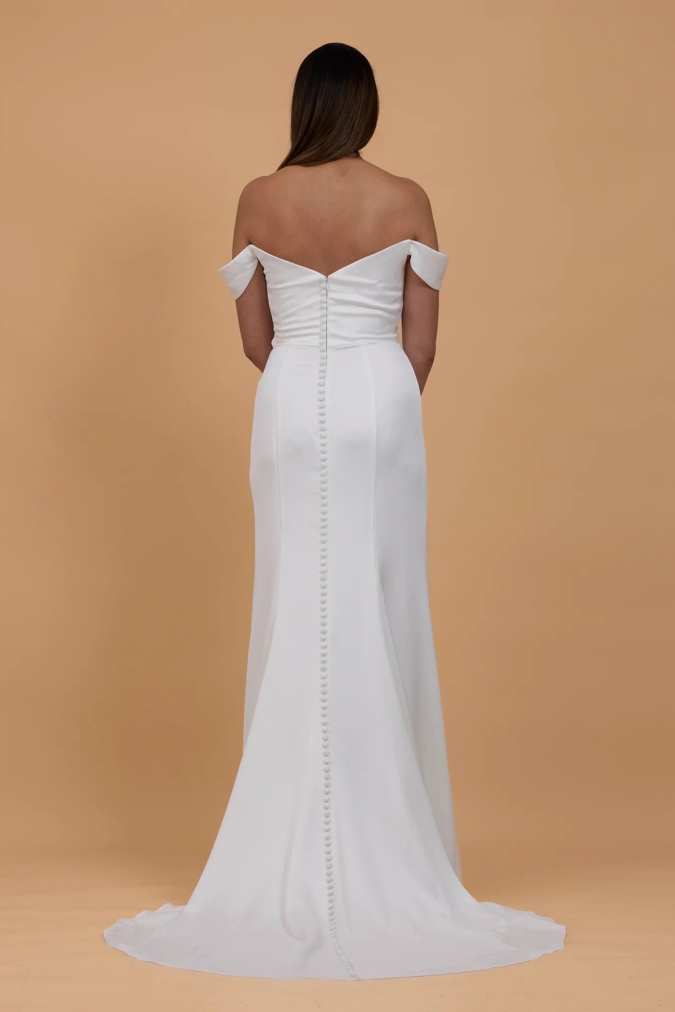 Jenny Yoo Vivana satin ivory, draped shoulder with leg split wedding gown, pre-loved wedding gown, second-hand gown, sample sale wedding gown