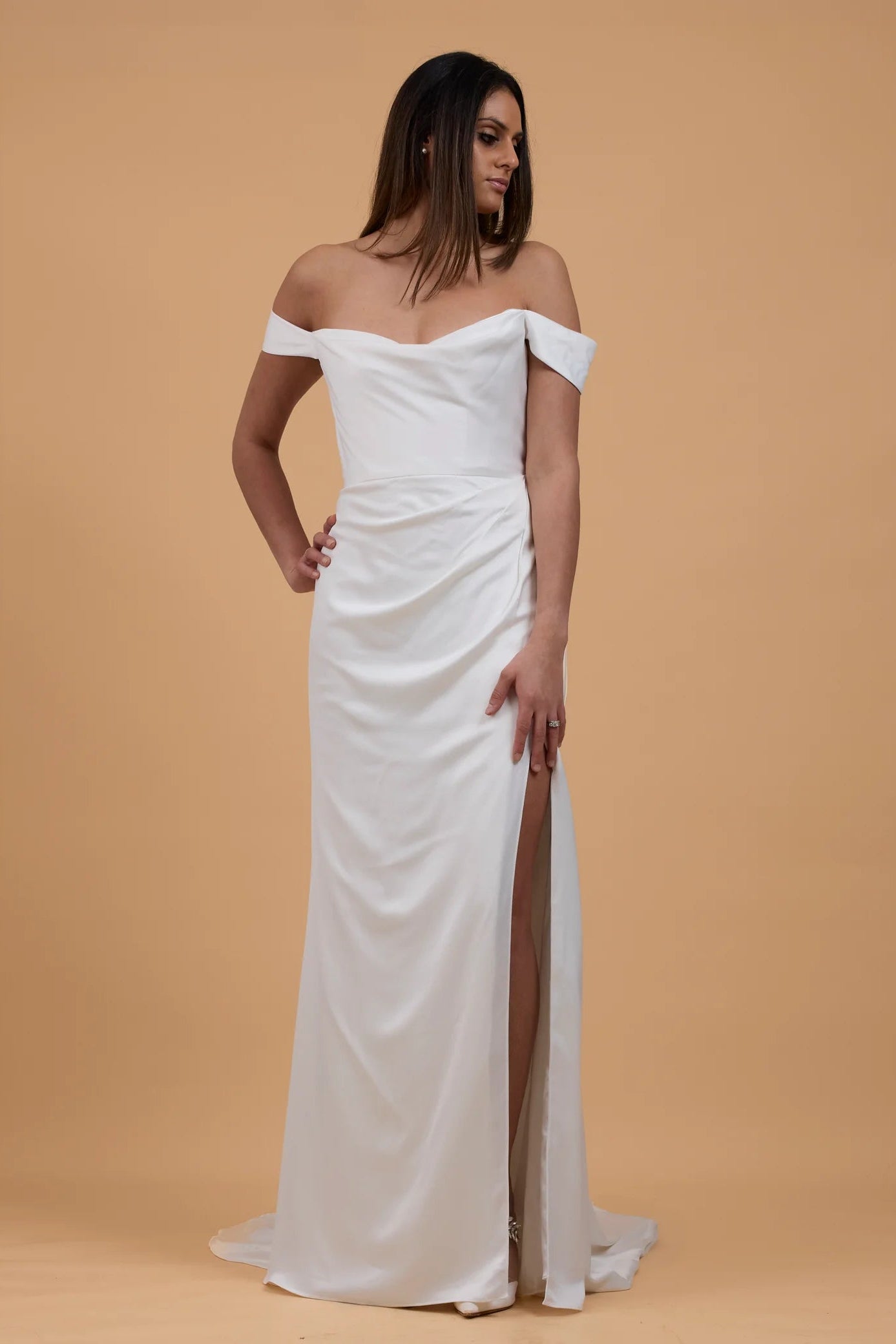 Jenny Yoo Vivana satin ivory, draped shoulder with leg split wedding gown, pre-loved wedding gown, second-hand gown, sample sale wedding gown