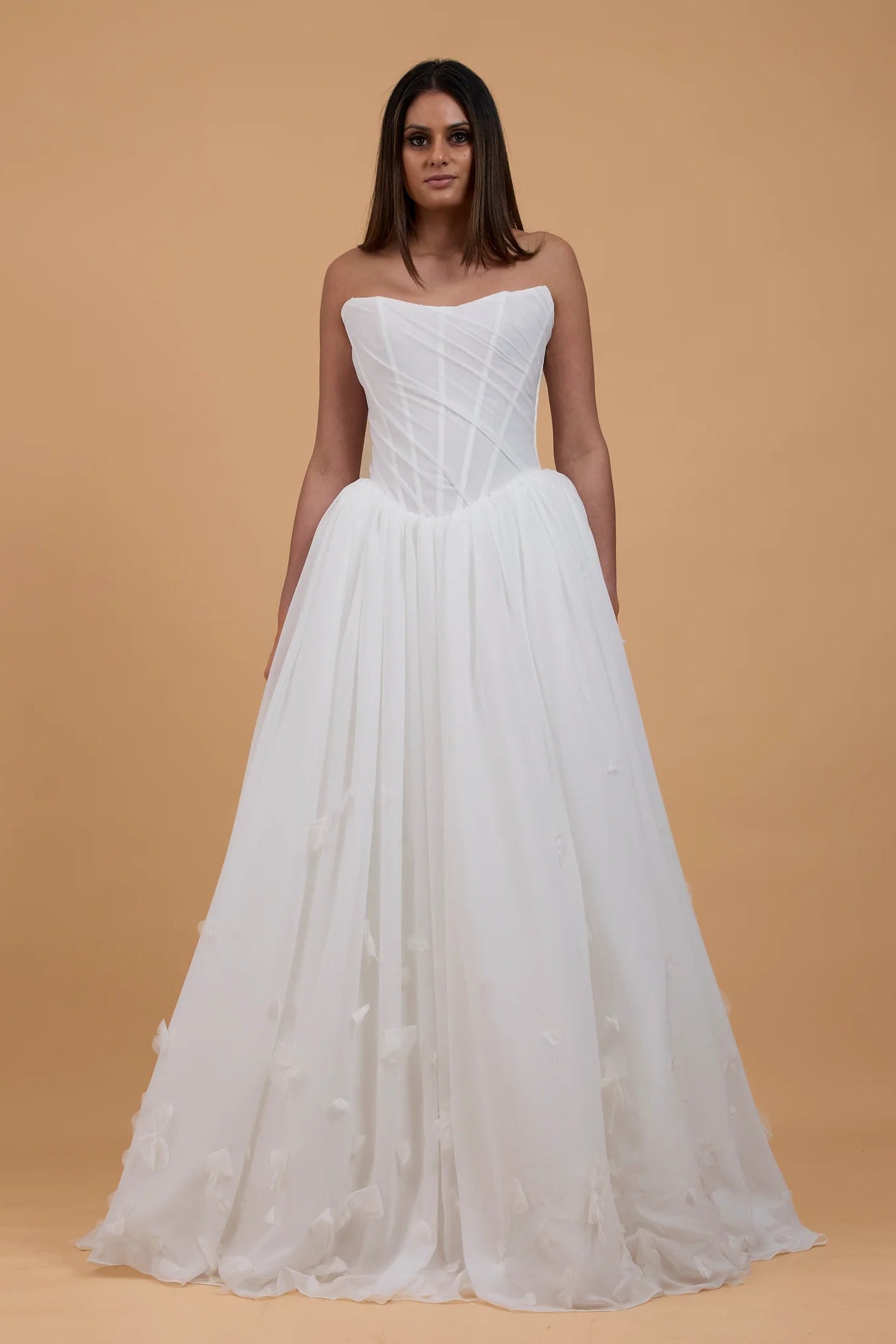 Kyha Meribel chiffon, boned corset, basque waist, A-Line wedding gown, pre-loved wedding gown, second-hand wedding gown, sample sale wedding gown