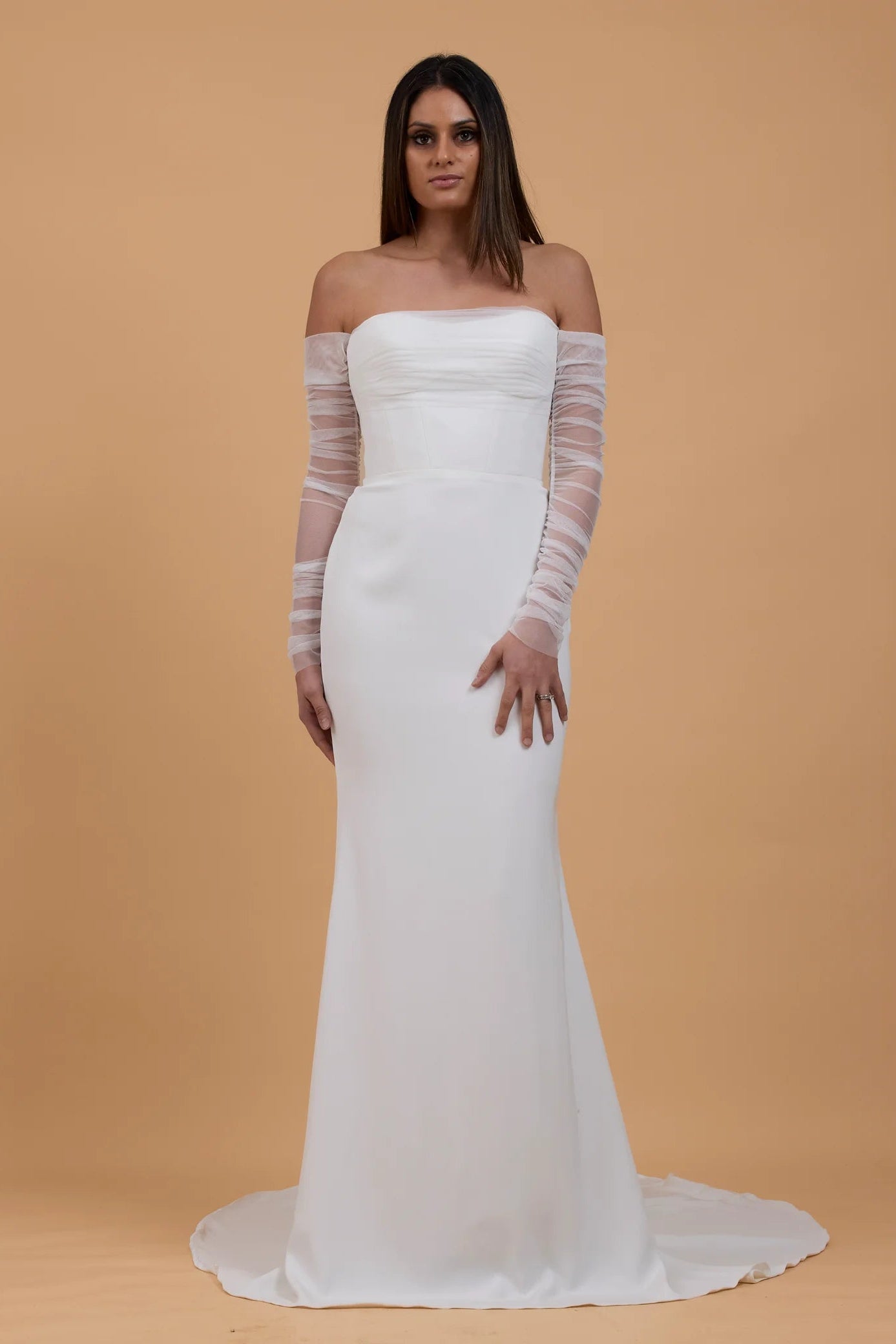 Kyha Ziva crepe with tulle sleeves sweetheart neckline and boned corset ivory wedding gown, pre-loved wedding gown, second hand wedding gown, sample wedding gown