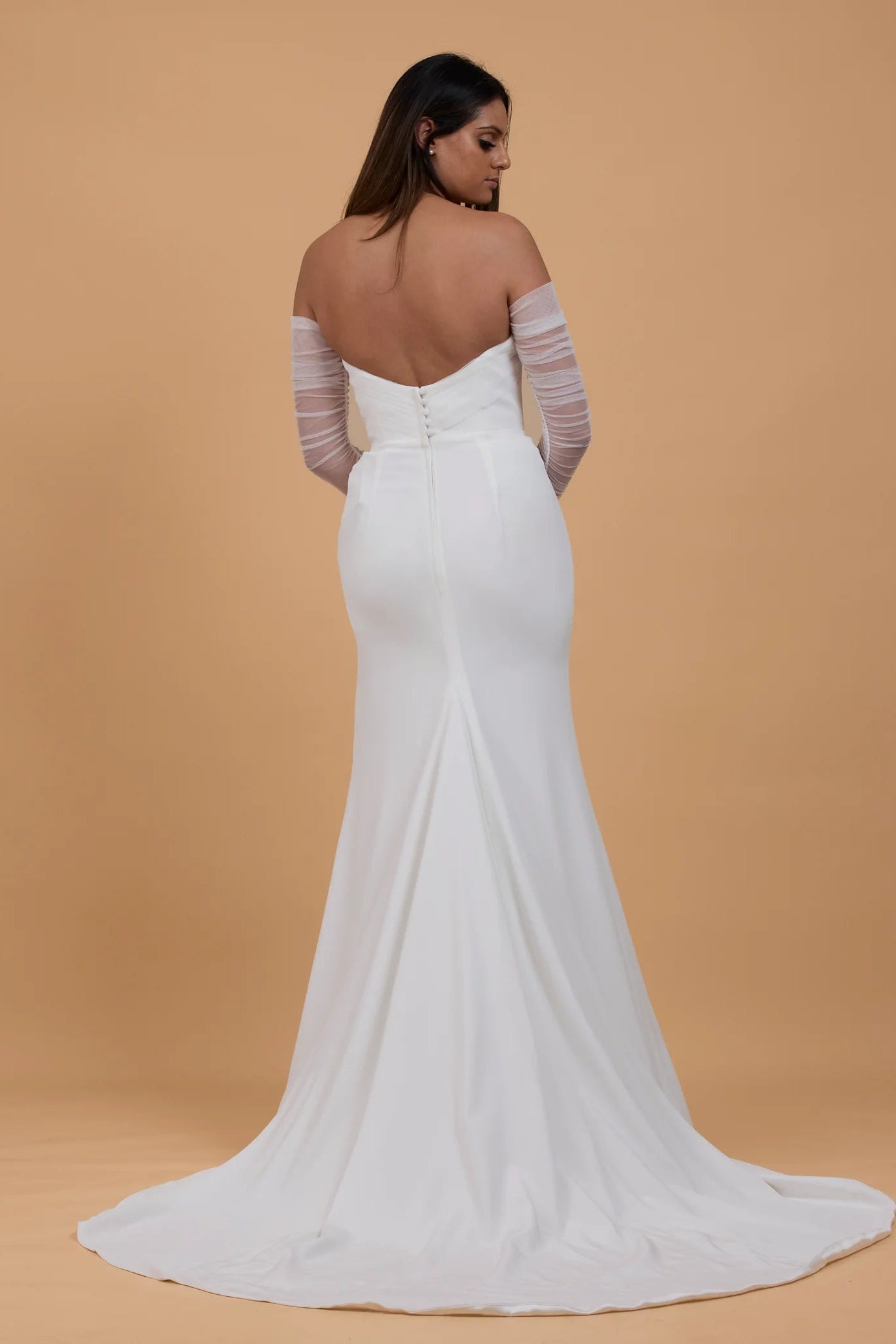 Kyha Ziva crepe with tulle sleeves sweetheart neckline and boned corset ivory wedding gown, pre-loved wedding gown, second hand wedding gown, sample wedding gown