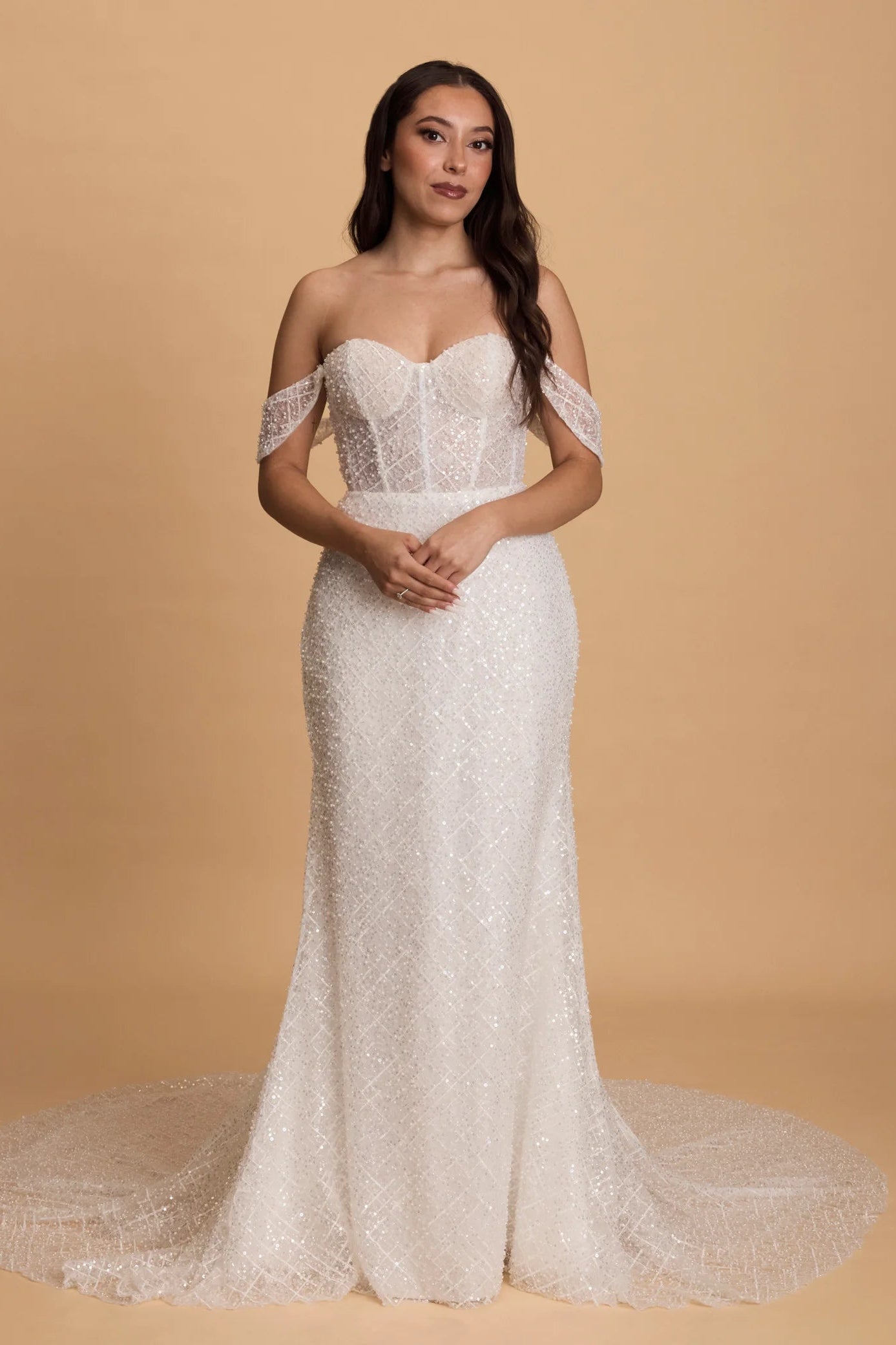 Made With Love Carter white beaded and sequin off the shoulder, detachable sleeves wedding gown
