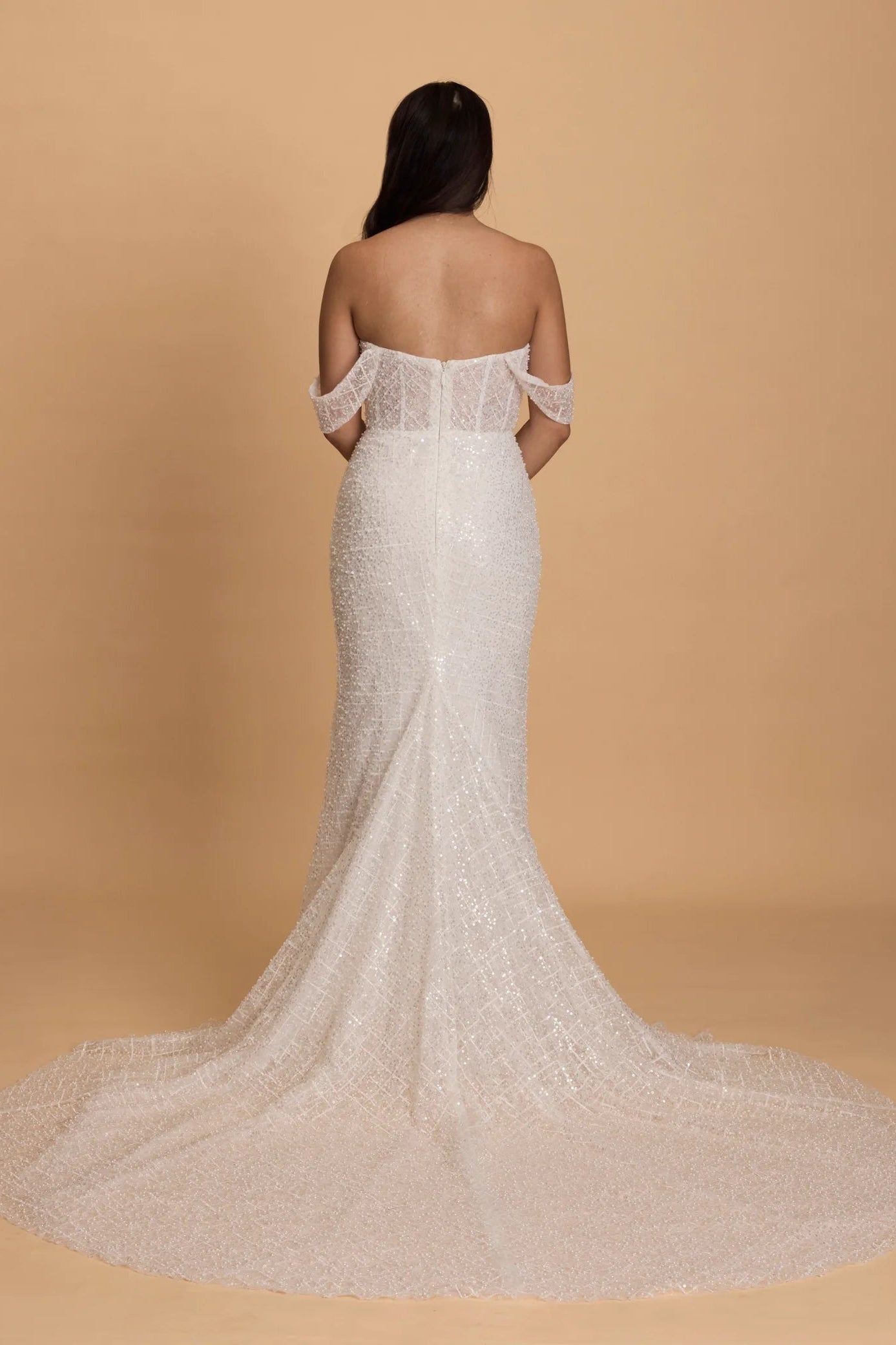 Made With Love Carter white beaded and sequin off the shoulder, detachable sleeves wedding gown