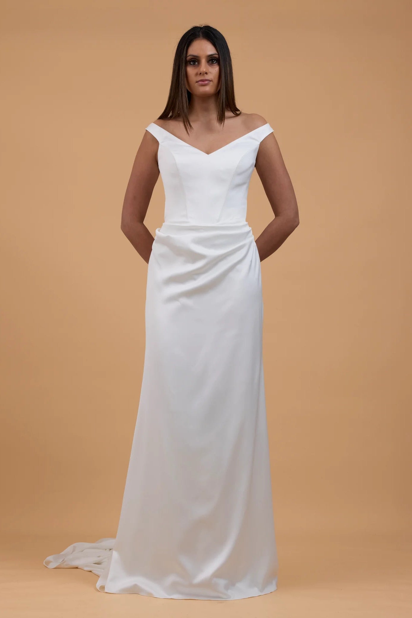 Made with love Isla off the shoulder ivory satin wedding gown, preloved wedding gown, second hand wedding gown, sample sale wedding gown