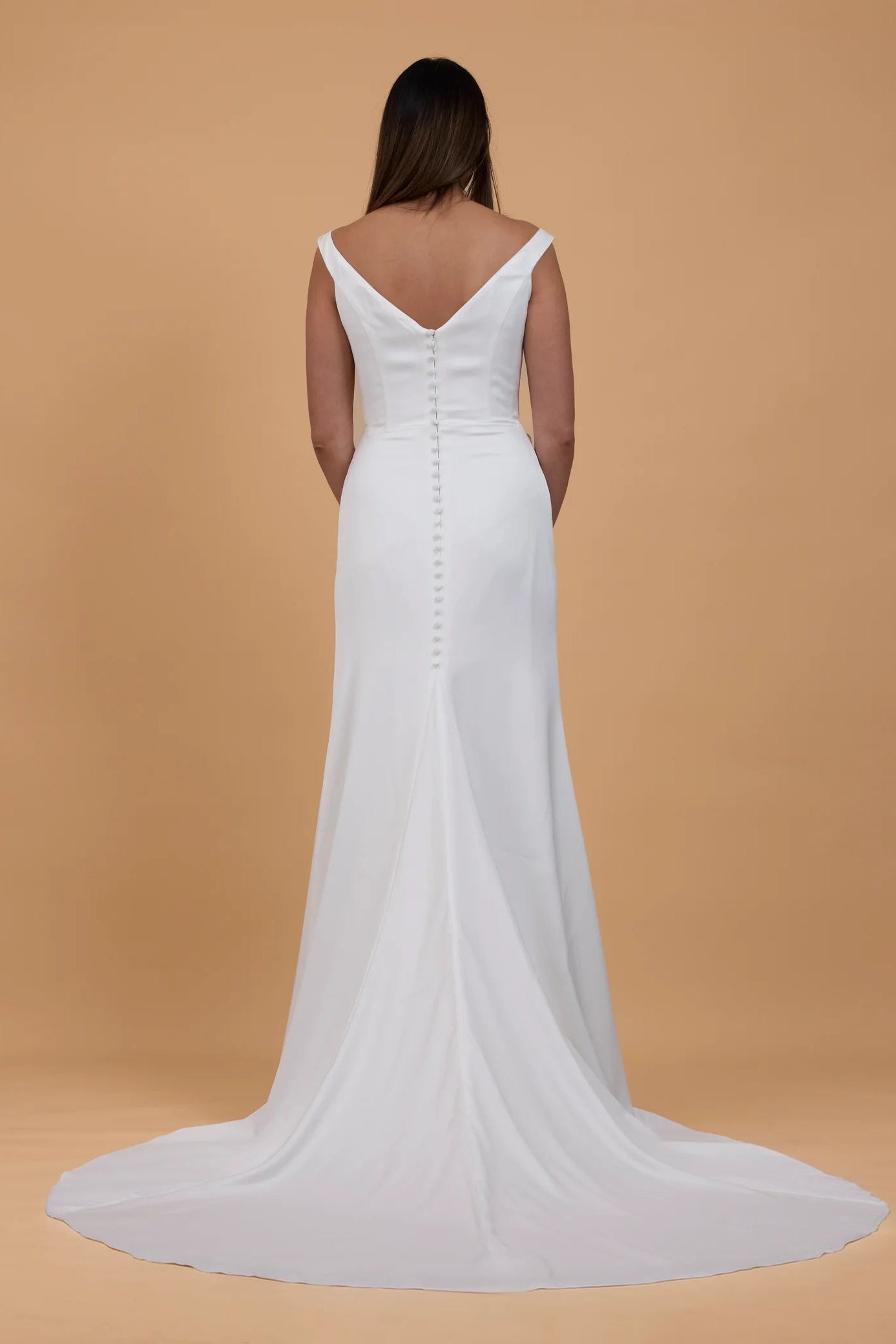 Made with love Isla off the shoulder ivory satin wedding gown, v-back, preloved wedding gown, second hand wedding gown, sample sale wedding gown
