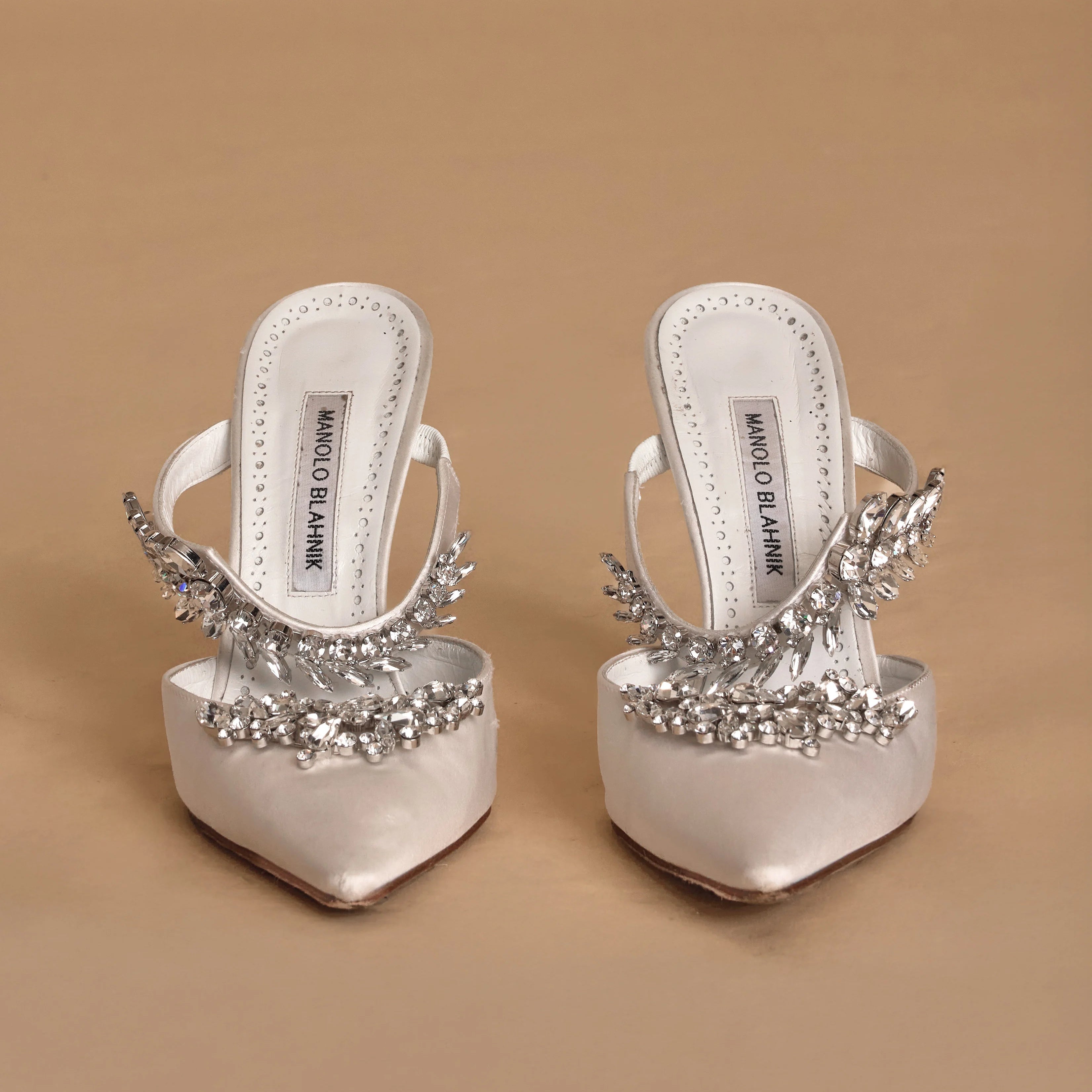 Manolo Blahnik Lurum white mule heels, wedding heels, hen party heels, crystal heels