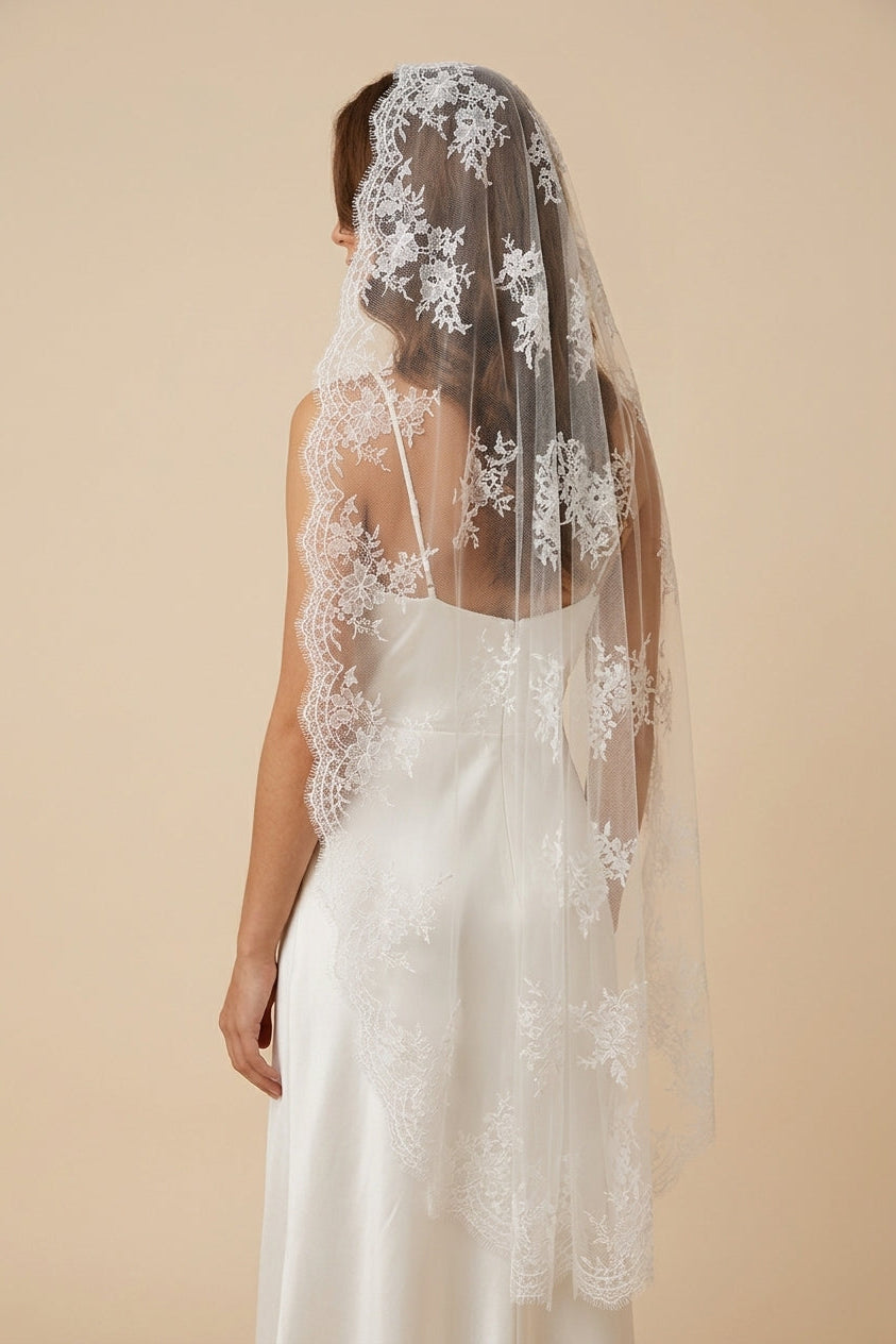 Mantilla All Over Lace, Lace Trim Veil