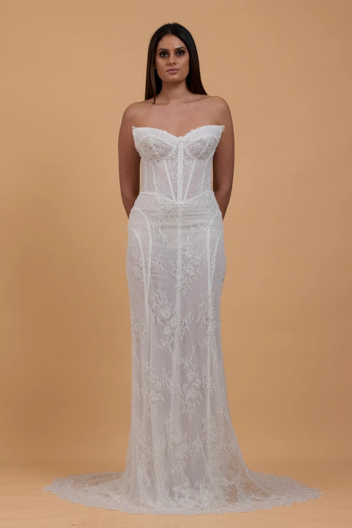 Margot studios Camille Chantilly lace corset ivory wedding gown, pre-loved wedding gown, sample sale wedding gown, second-hand wedding gown