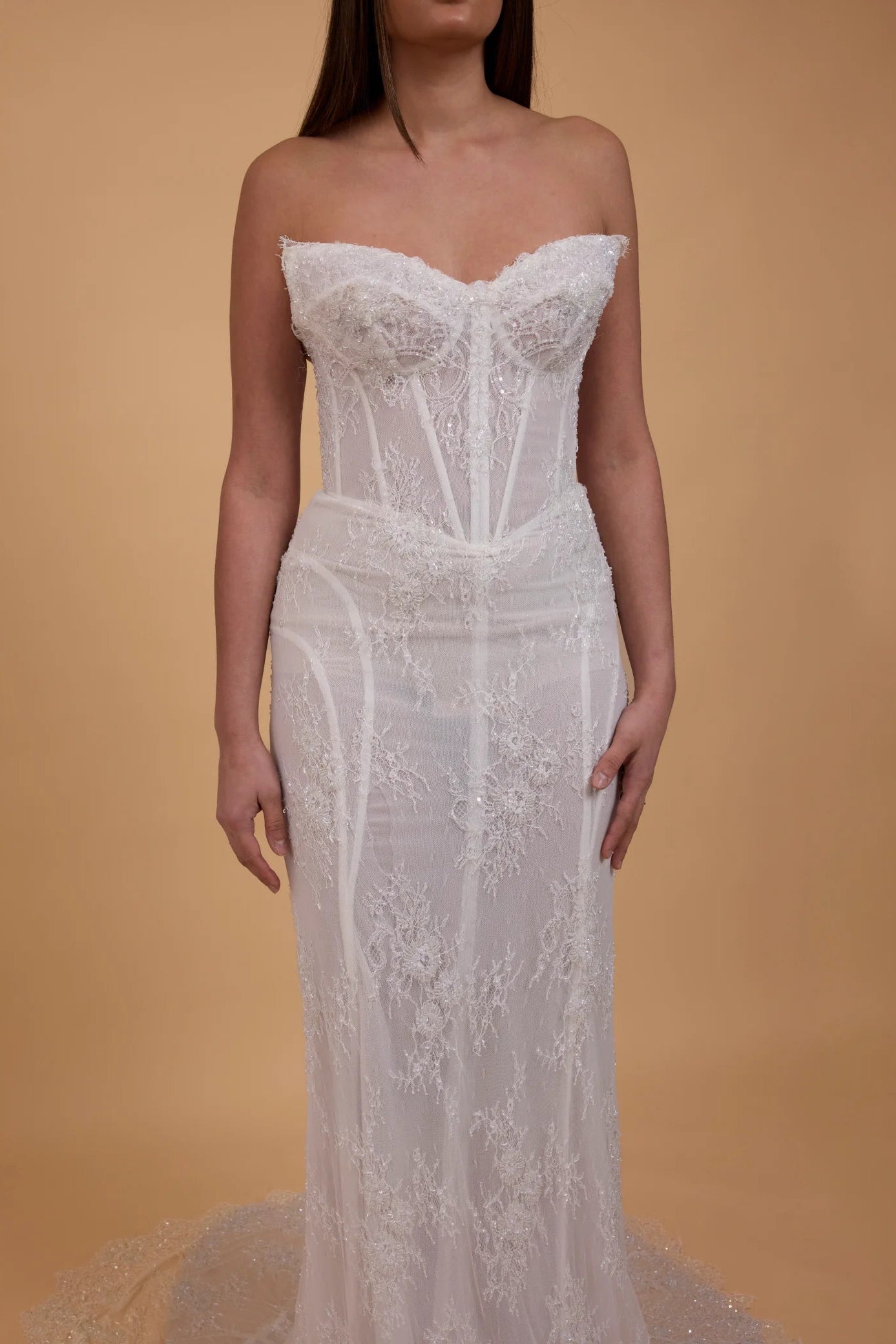 Margot studios Camille Chantilly lace corset ivory wedding gown, pre-loved wedding gown, sample sale wedding gown, second-hand wedding gown