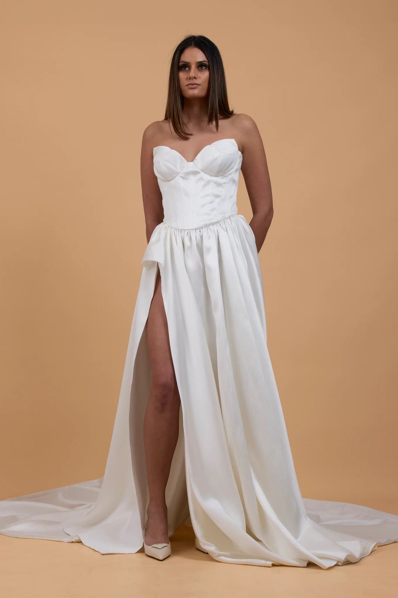 Margot studios eliza silk ivory a-line with leg split, pre-loved wedding gown, sample sale wedding gown, second-hand wedding gown