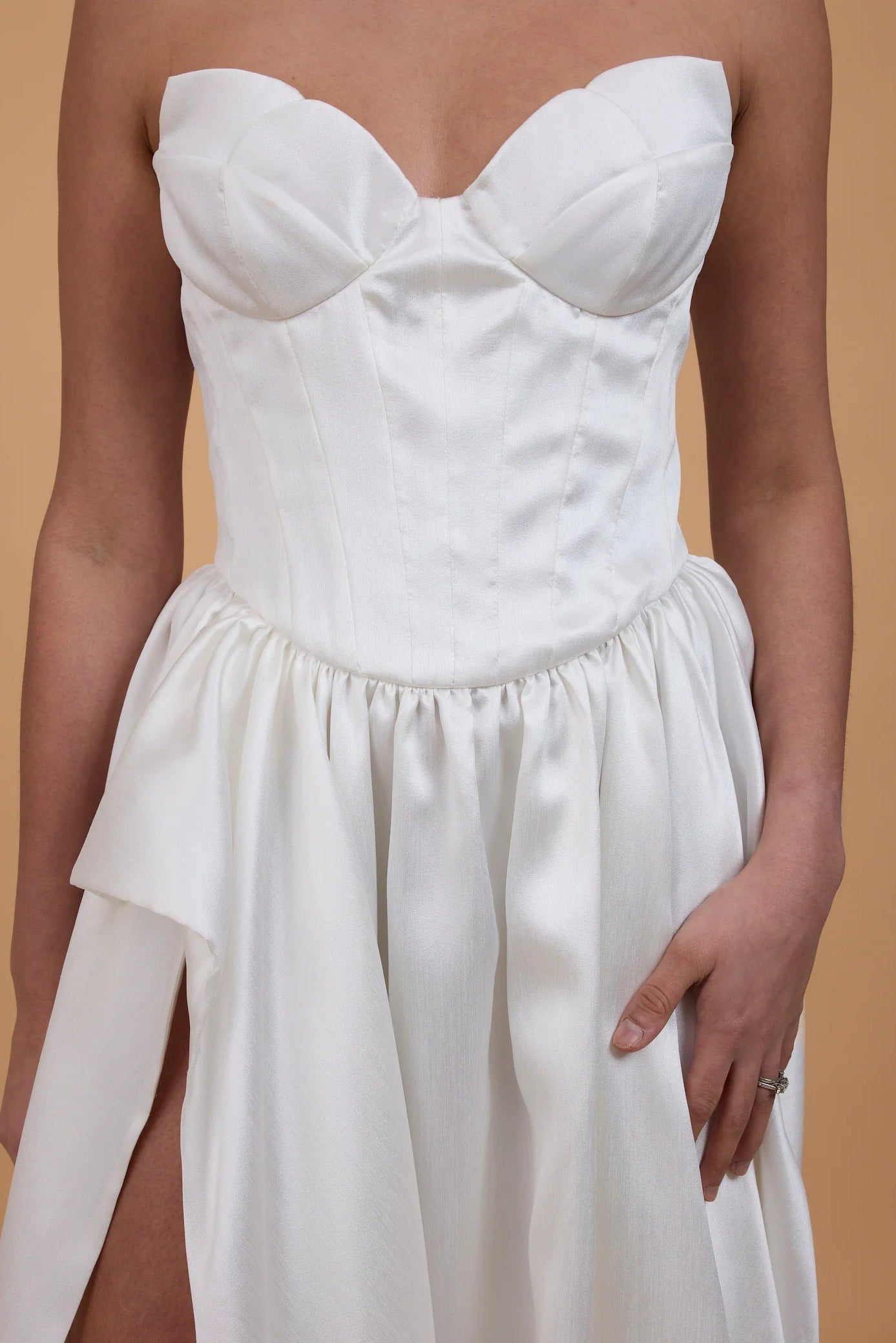 Margot studios eliza silk ivory a-line with leg split, pre-loved wedding gown, sample sale wedding gown, second-hand wedding gown