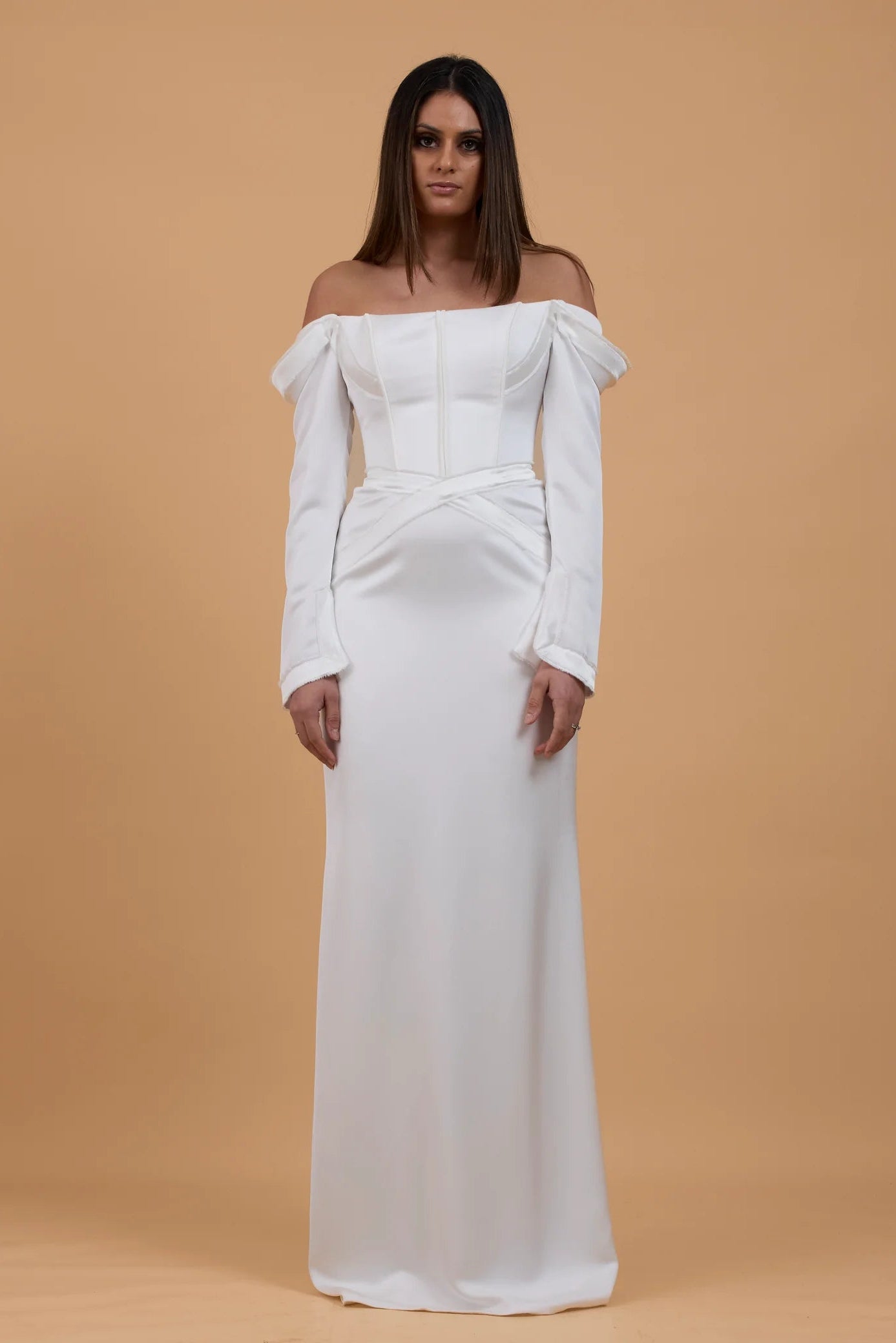 Margot studios victoria, long sleeve ivory silk satin wedding gown, pre-loved wedding gown, sample sale wedding gown, second-hand wedding gown