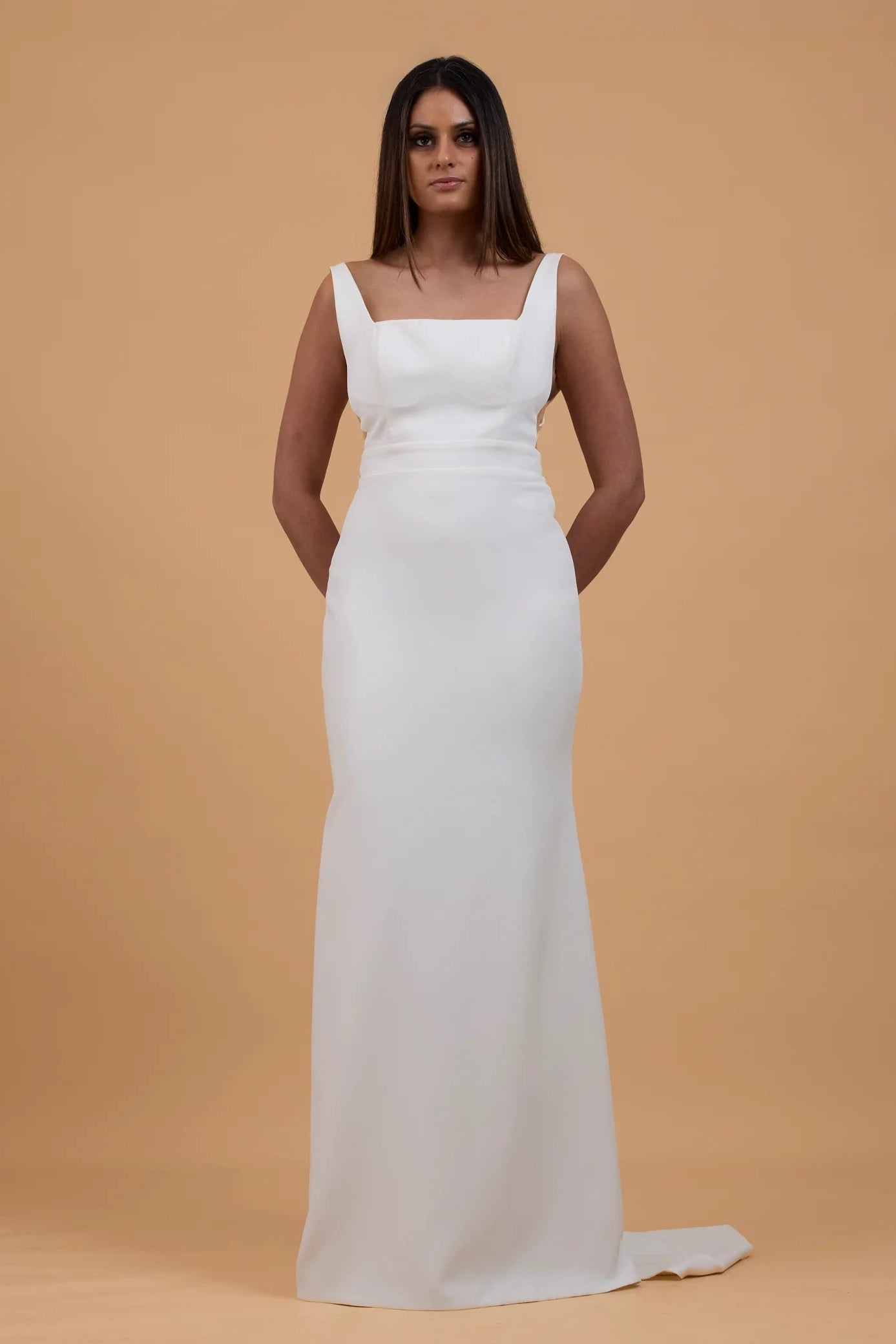 Milla Nova Levi satin ivory wedding gown, square neckline, pre-loved wedding gown, second-hand wedding gown, sample sale wedding gown