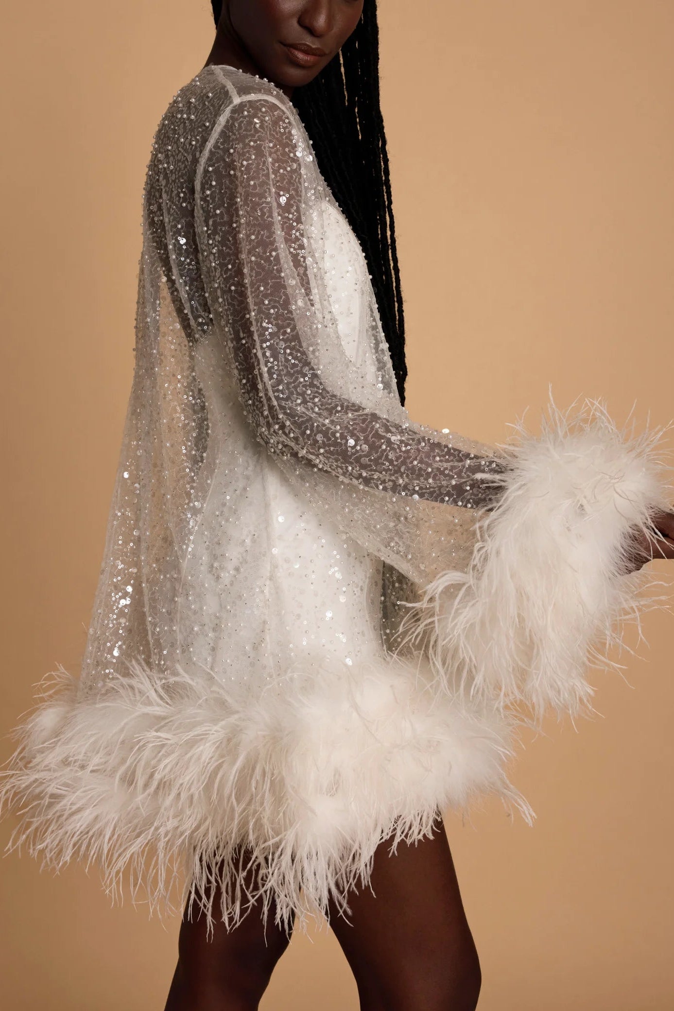 Mode & Affaire gigi white sequin embellished ostrich feather mini dress hen party