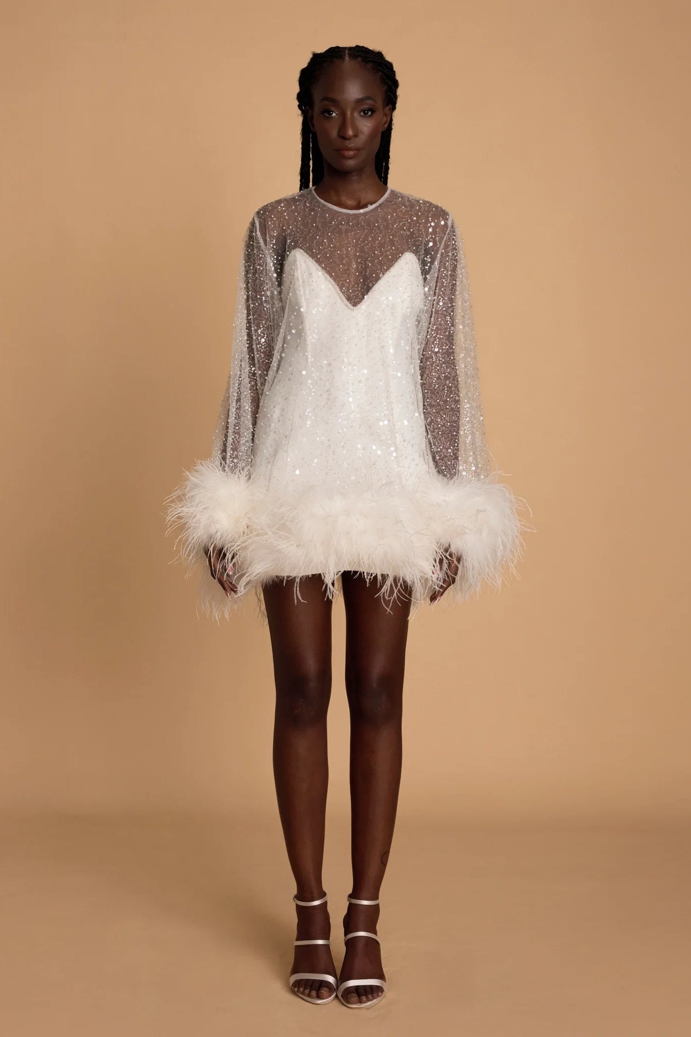 Mode & Affaire gigi white sequin embellished ostrich feather mini dress hen party