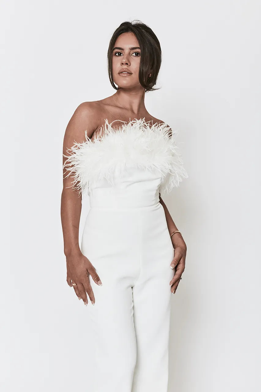 Nadine Merabi Collette White Feather Jumpsuit Engagement Hen Wedding Bride