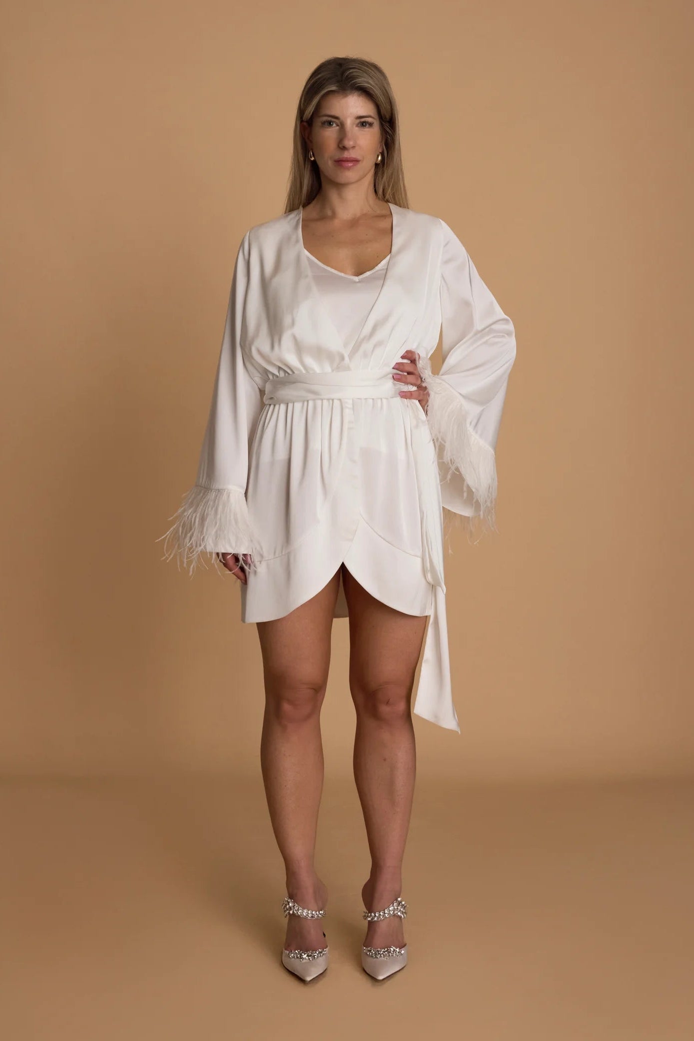 Nadine Merabi Dina white dressing robe, feather trim, morning of, bridal