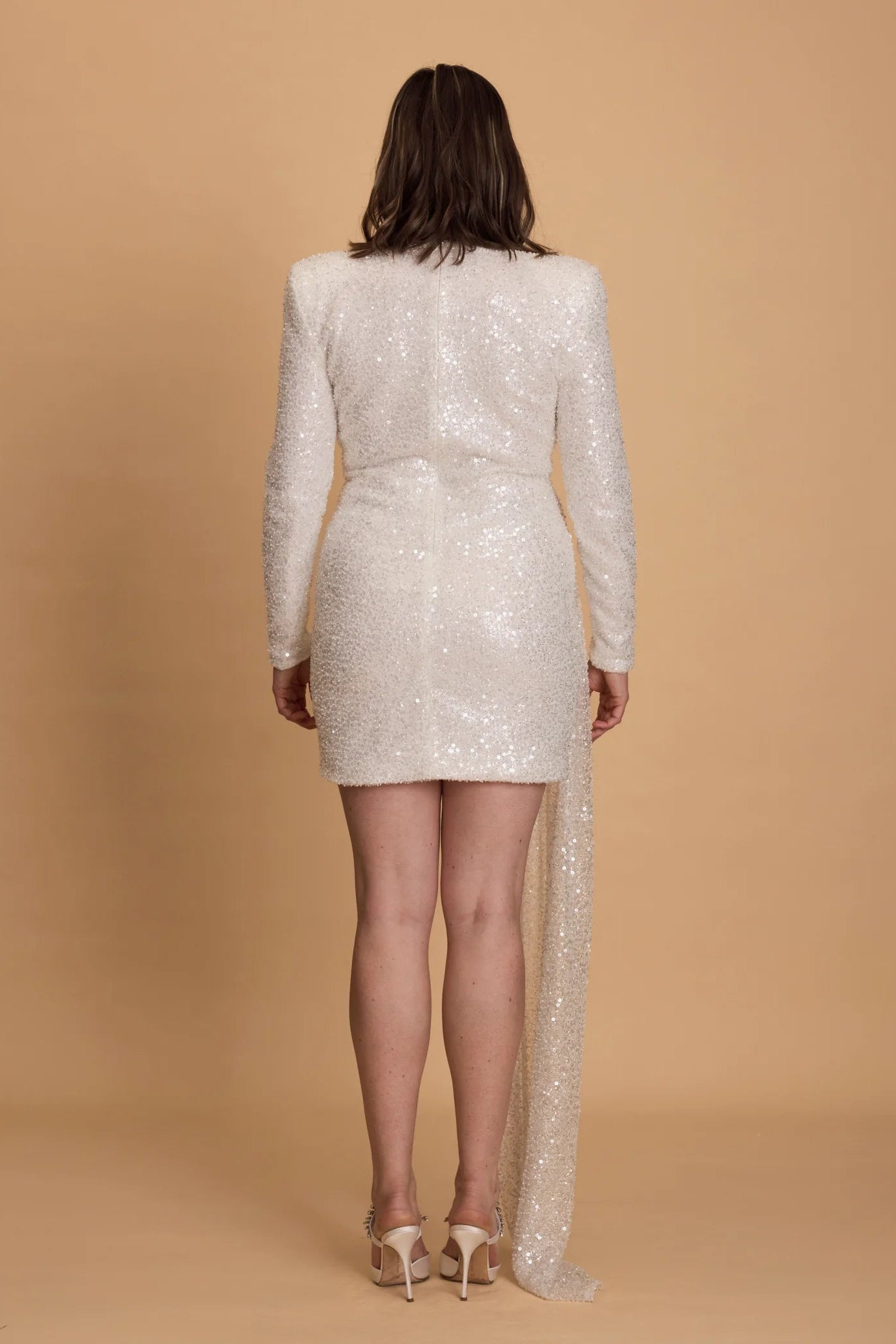 Nadine Merabi Leah sequin white long sleeve mini dress, hen party, wedding, bridal