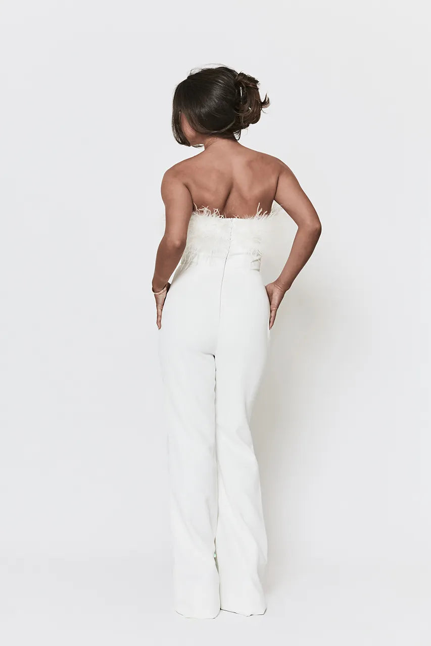 Nadine Merabi Collette White Feather Jumpsuit Engagement Hen Wedding Bride