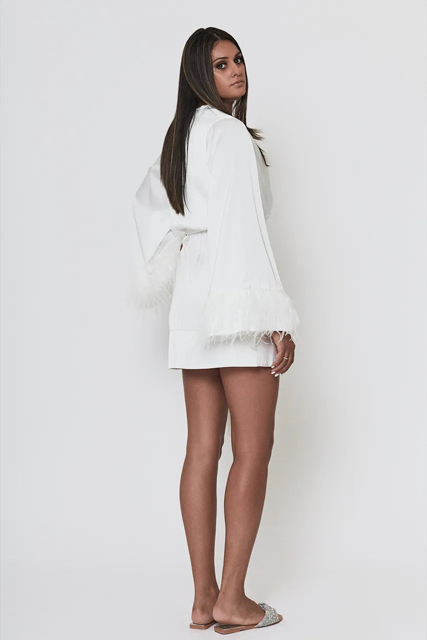 Nadine Merabi Dina White Short Feather Trim Dressing Robe Wedding Morning Of Bride