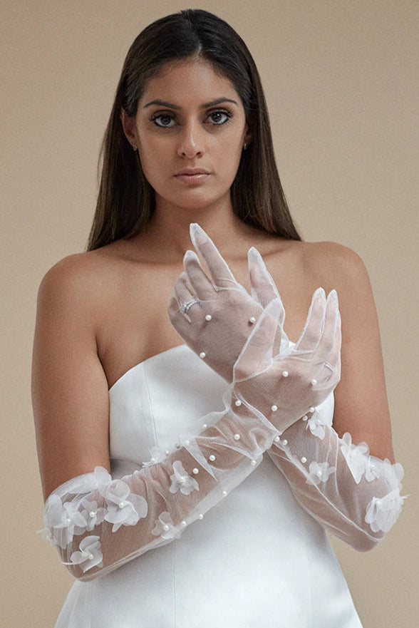 Nola Grey Demi Gloves White Pearl Bridal Wedding