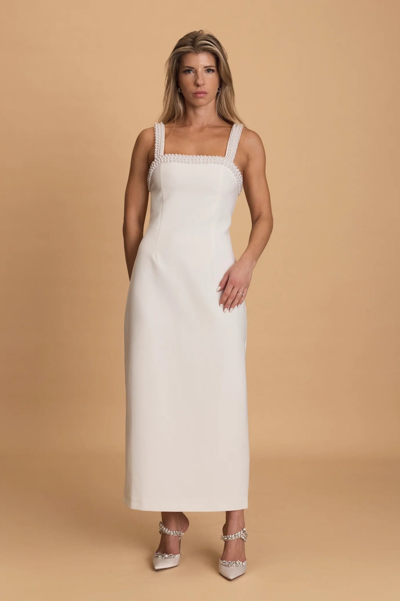 Odd Muse pearl white, square neck line, midi dress, hen party, engagement party, bridal