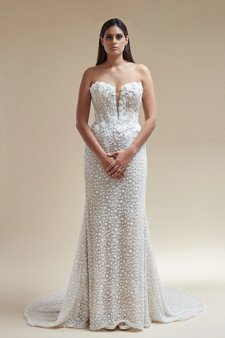 Pronovias Amya Beaded Floral Applique Wedding Gown Bridal
