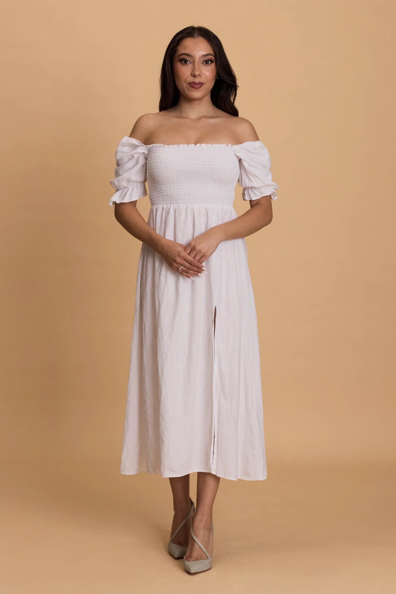 Reformation hyland white linen dress, honeymoon, wedding brunch, bridal