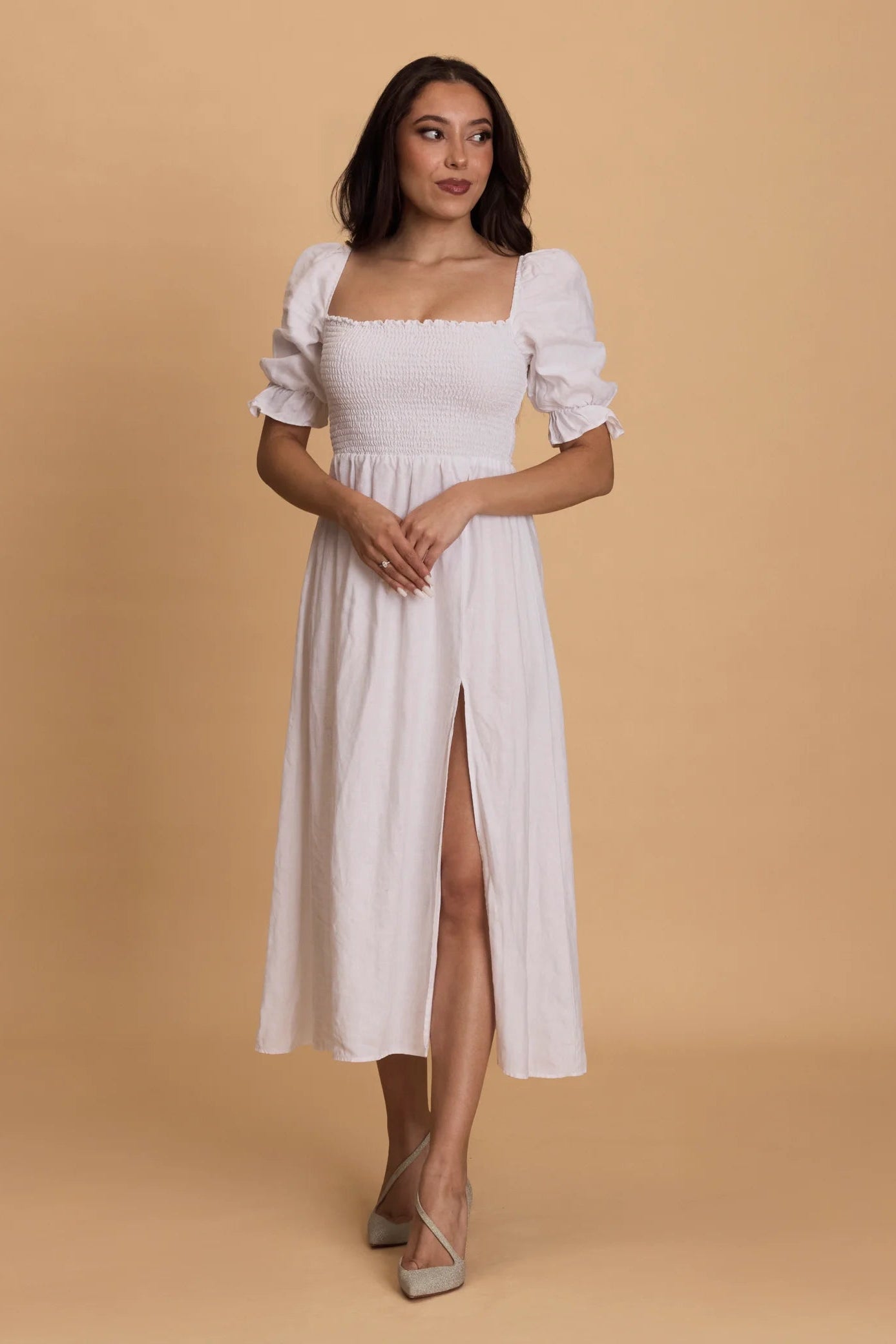 Reformation hyland white linen dress, honeymoon, wedding brunch, bridal