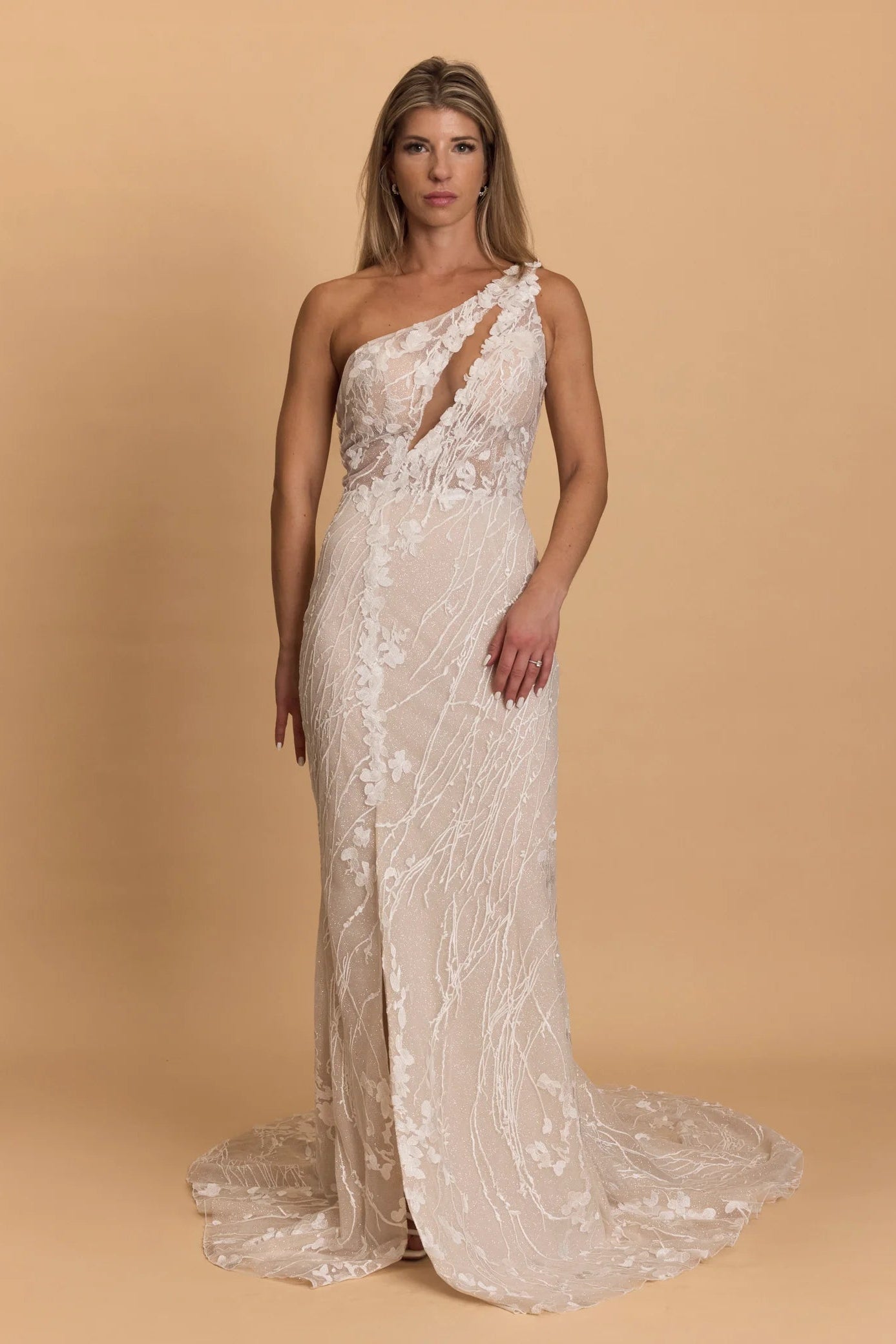 Riki Dalal Miley wedding gown, one shoulder, sequin, floral applicaque, ivory colour, bridal