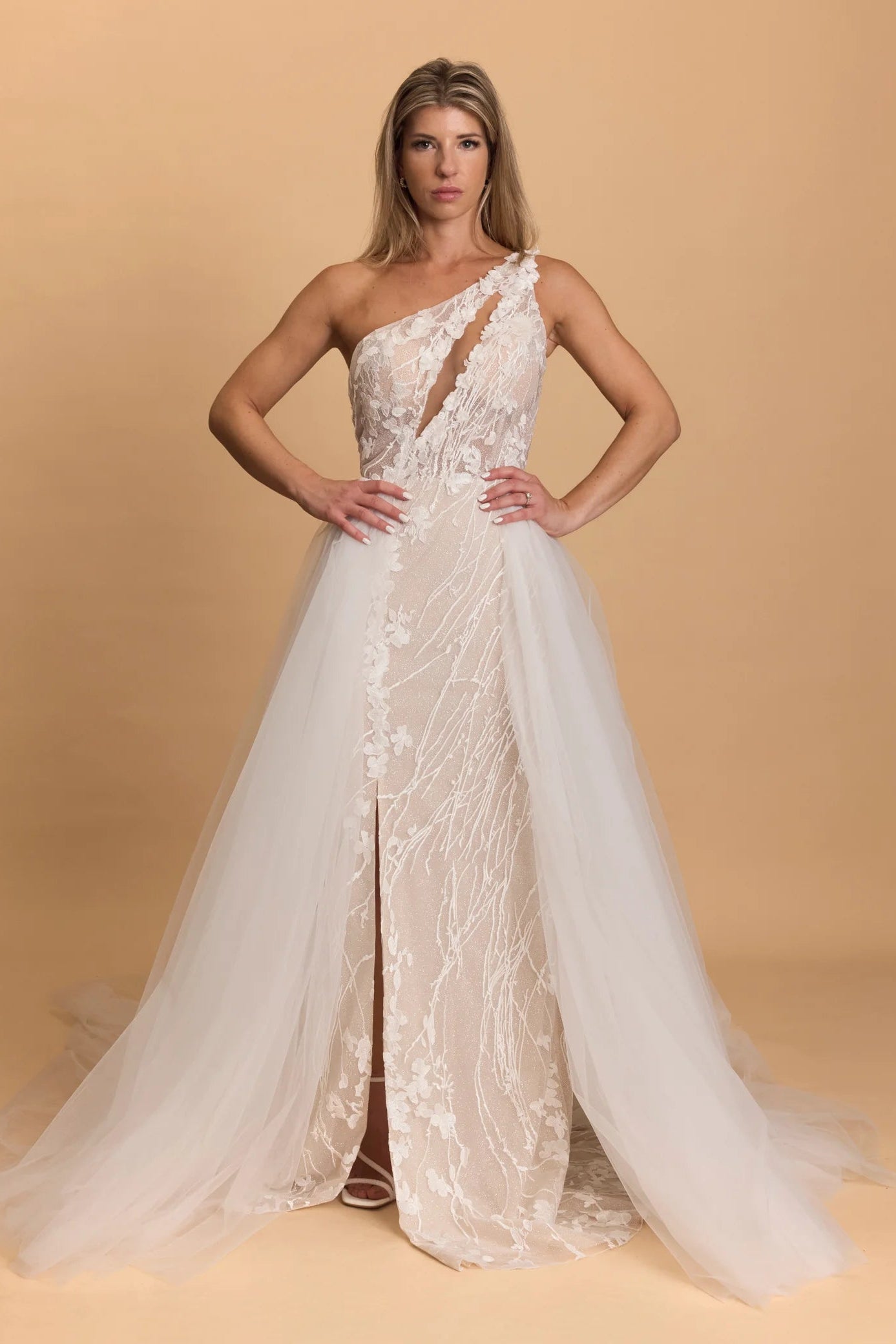 Riki Dalal Miley wedding gown, one shoulder, sequin, floral applicaque, ivory colour, bridal, overskirt