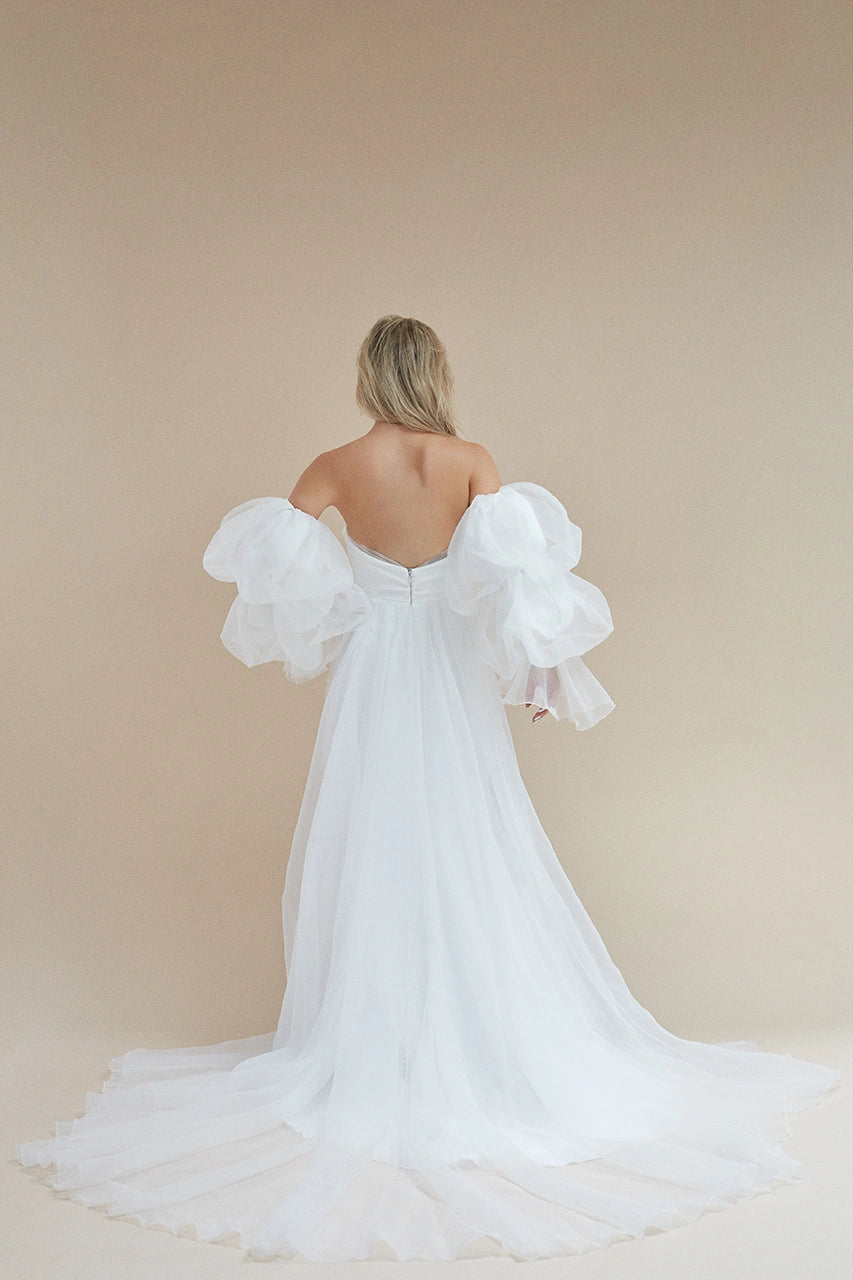 Rime Arodaky Sky White Bardot Wedding Gown with Sleeves Bridal