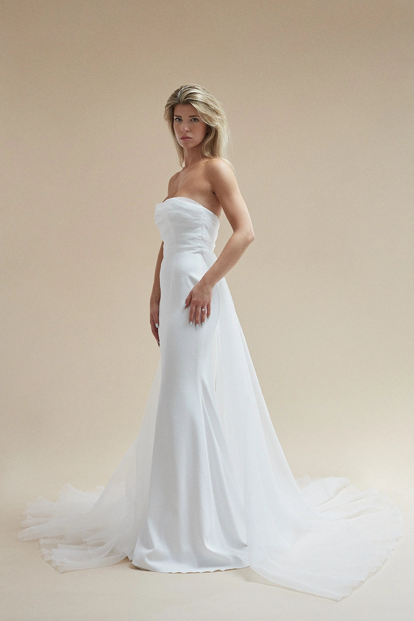 Rime Arodaky Sky White Bardot Wedding Gown Bridal