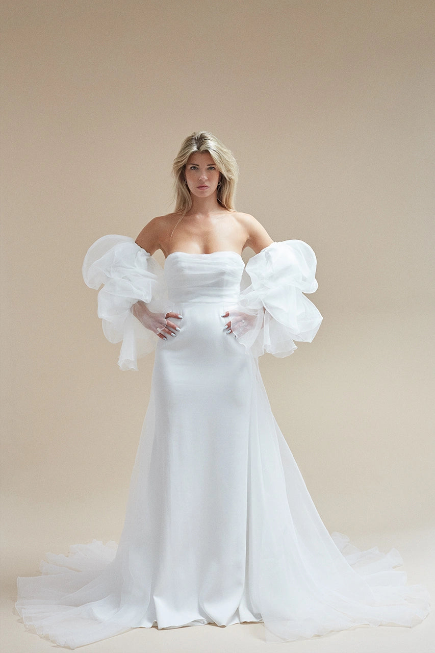 Rime Arodaky Sky White Bardot Wedding Gown with Sleeves Bridal